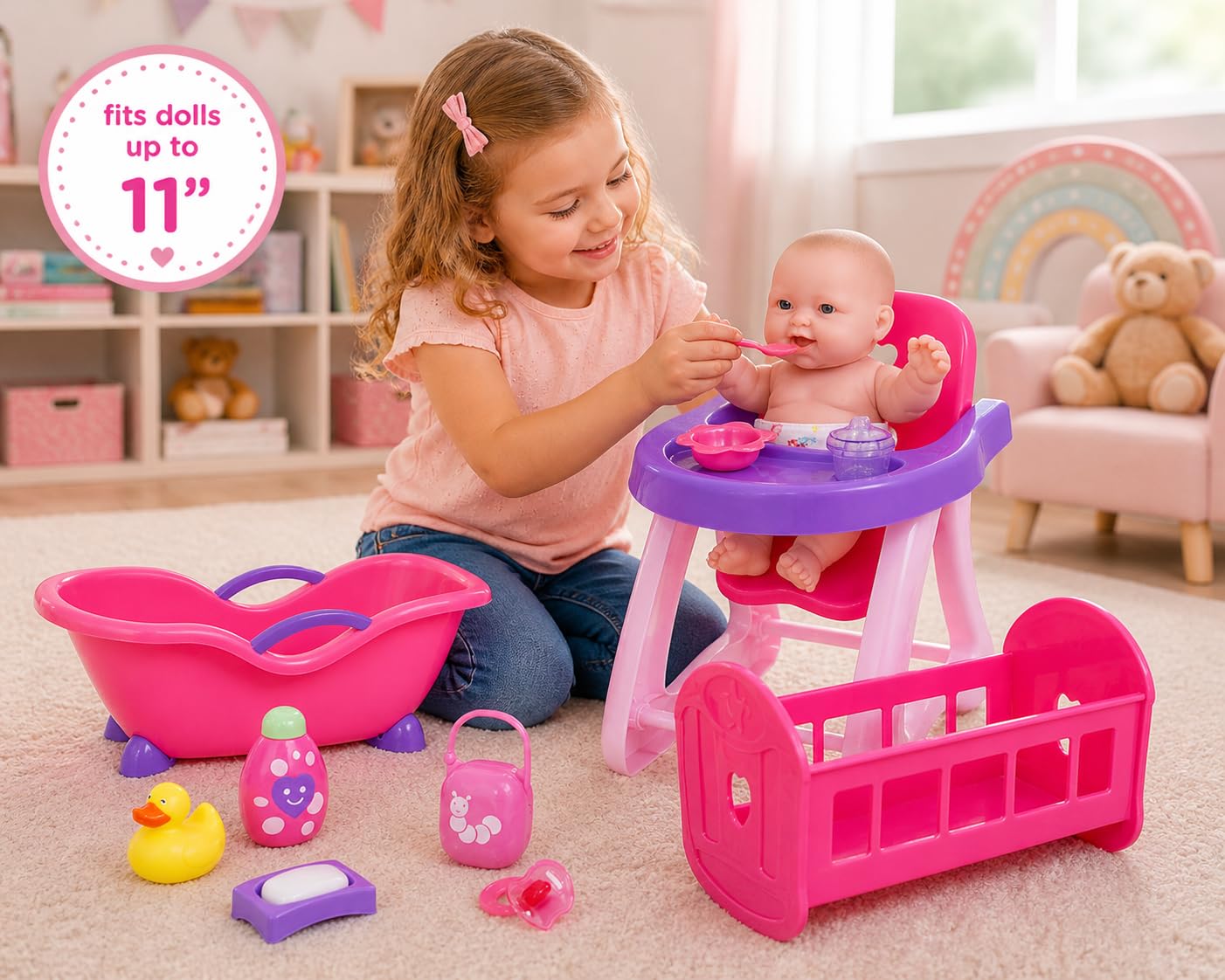 JC Toys- Set de 3 Piezas para muñecas, bañera, Silla Alta de Comer, Cuna Mecedora y 9 Accesorios, muñecas hasta 28 cm, Ideal para Jugar, Rosa, diseñado por Berenguer, +2 años