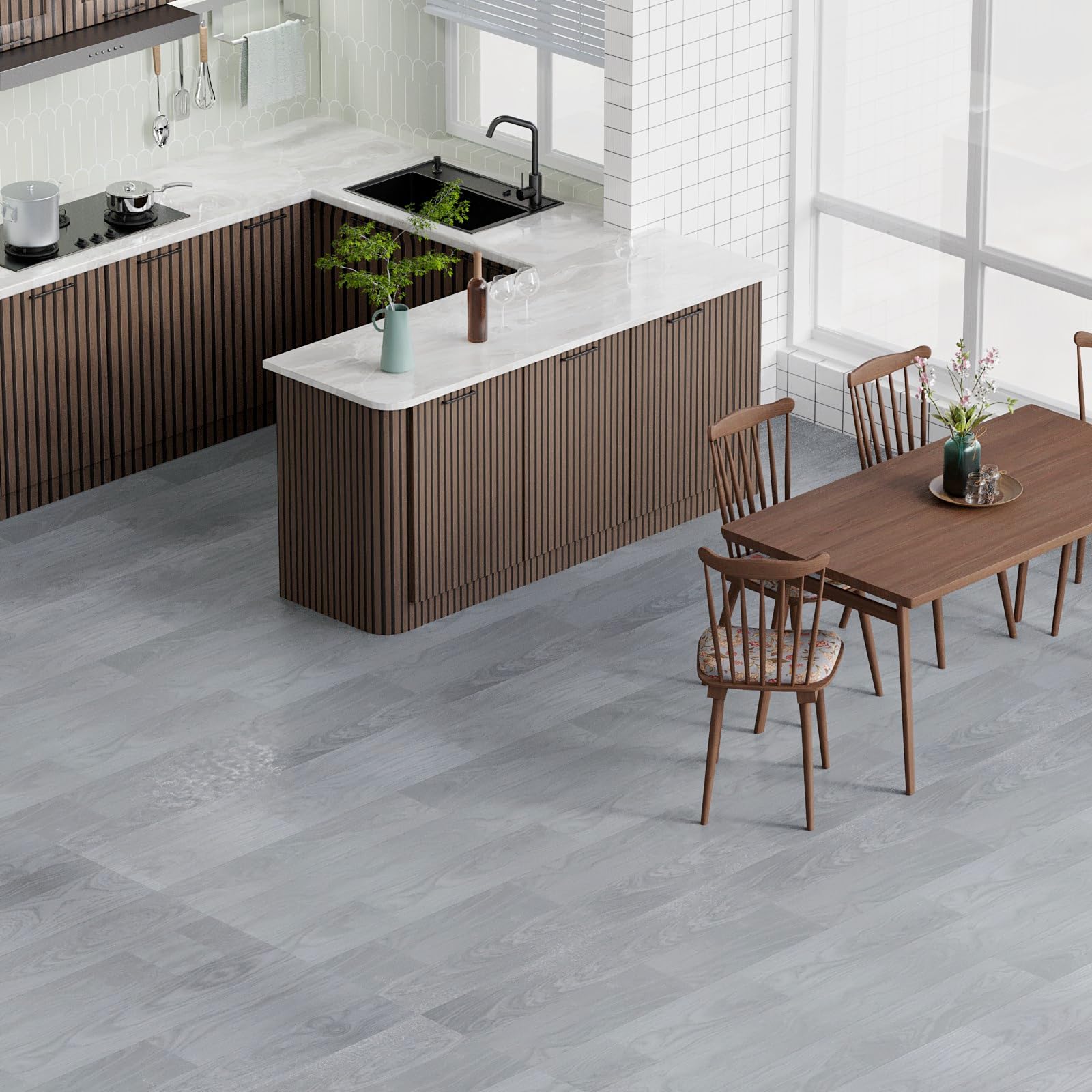 Oxdigi Suelo de PVC Con Aspecto de Madera, Vinilo Para Salón, Cocina, Balcón, Caravana, Trastero - Recortable, Revestimiento Impermeable Gris