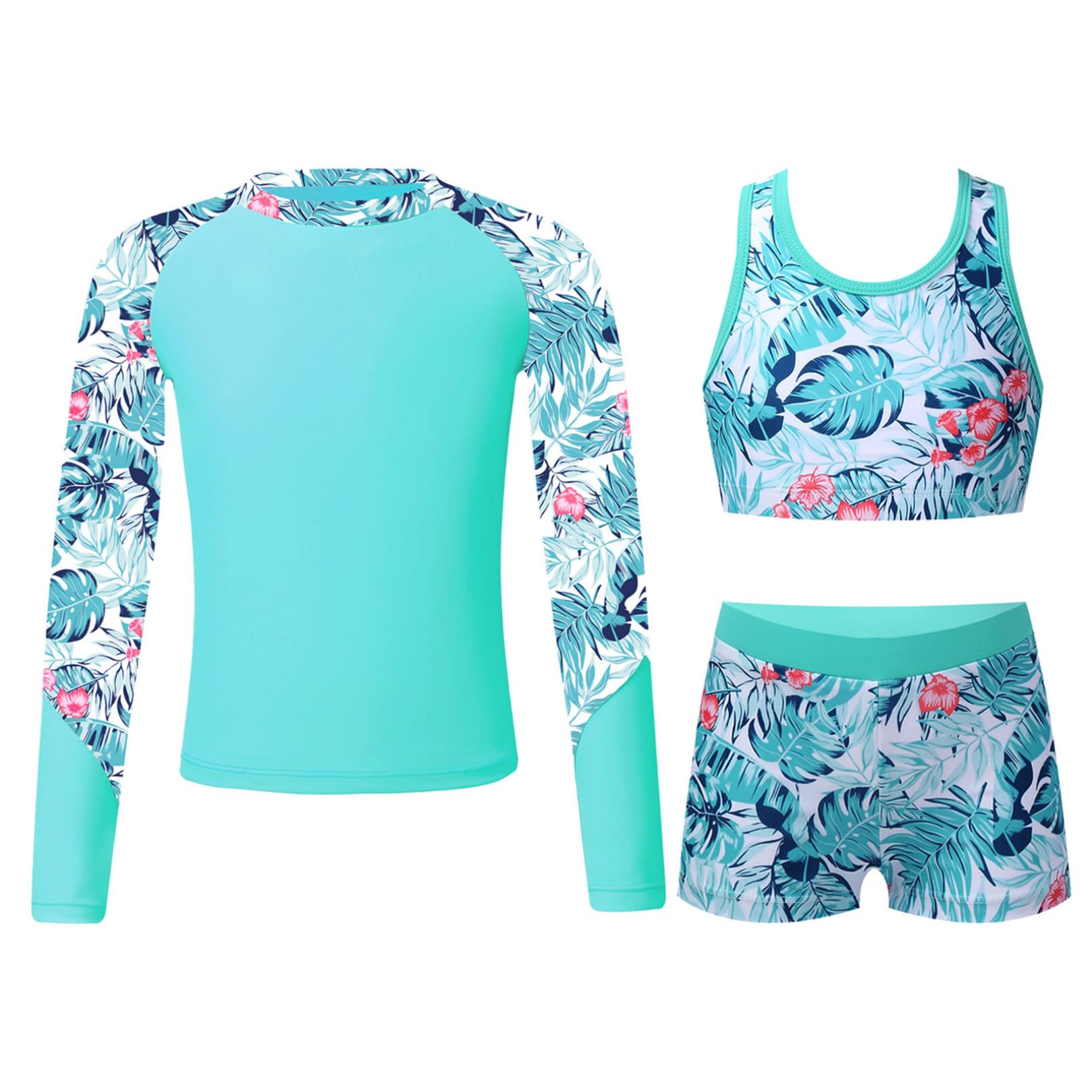ranrann Enfant Fille Maillot de Bain 3 Pièces Anti UV T-Shirt de Bain Haut et Short de Bain Ensemble Tankini 7-16 Ans B Turquoise 11-12 Ans