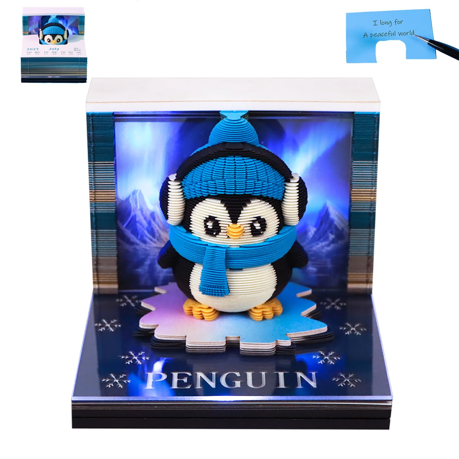3D Memo Pad Time Piece Calendar 2027, 3D Tear-Off Art Desk Calendar 2027, Creative 3D Memo Pad Paper Art Tree House DIY Paper Carving Decoration (Aurora Penguin)