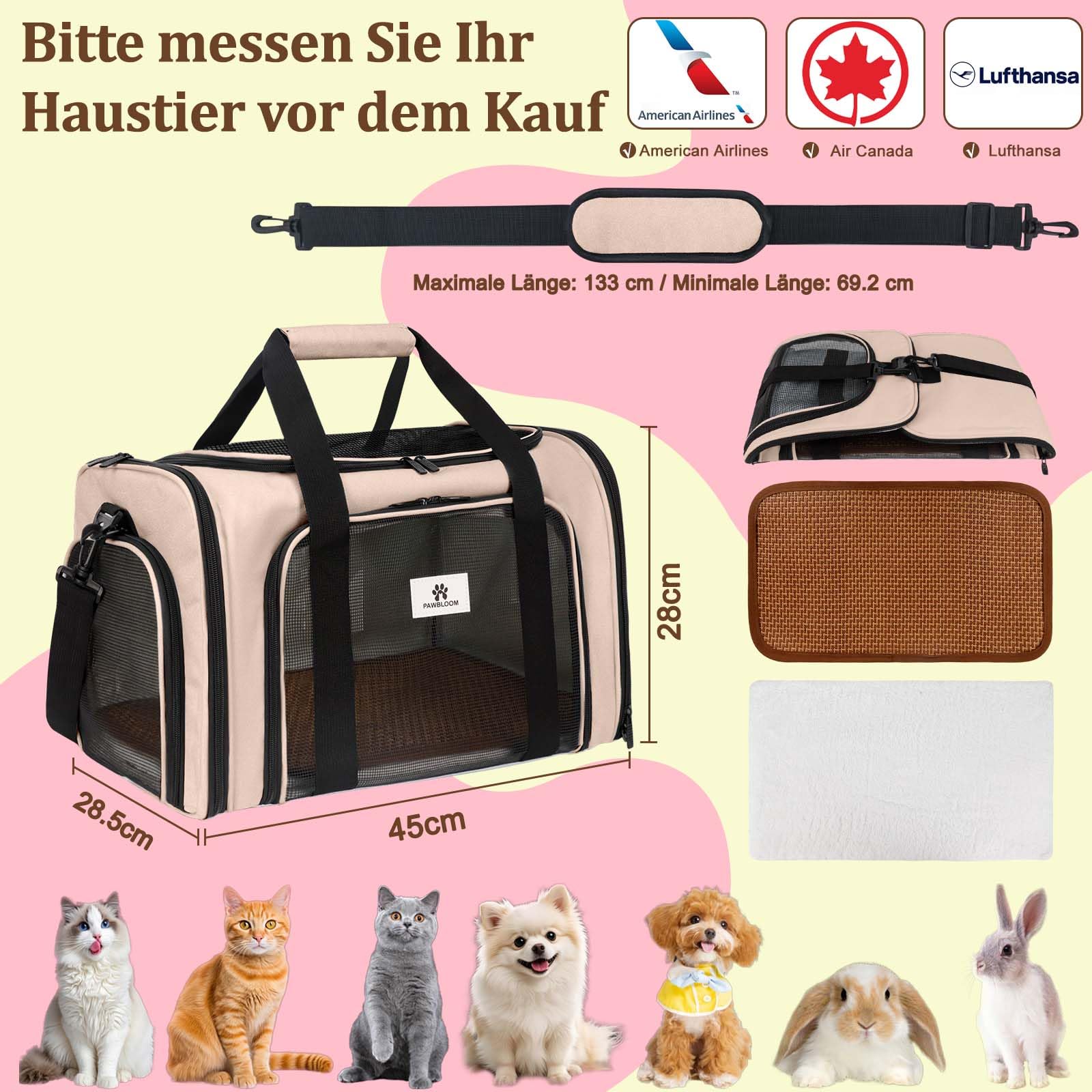 Katzentransportbox, Faltbare Transportbox Katzen und Hunde mit Plüsch-Einlage und Kühlmatte aus Strohgeflecht – für alle Jahreszeiten geeignet, Ideal für Der Gang zum Tierarzt Auto Fugzeug