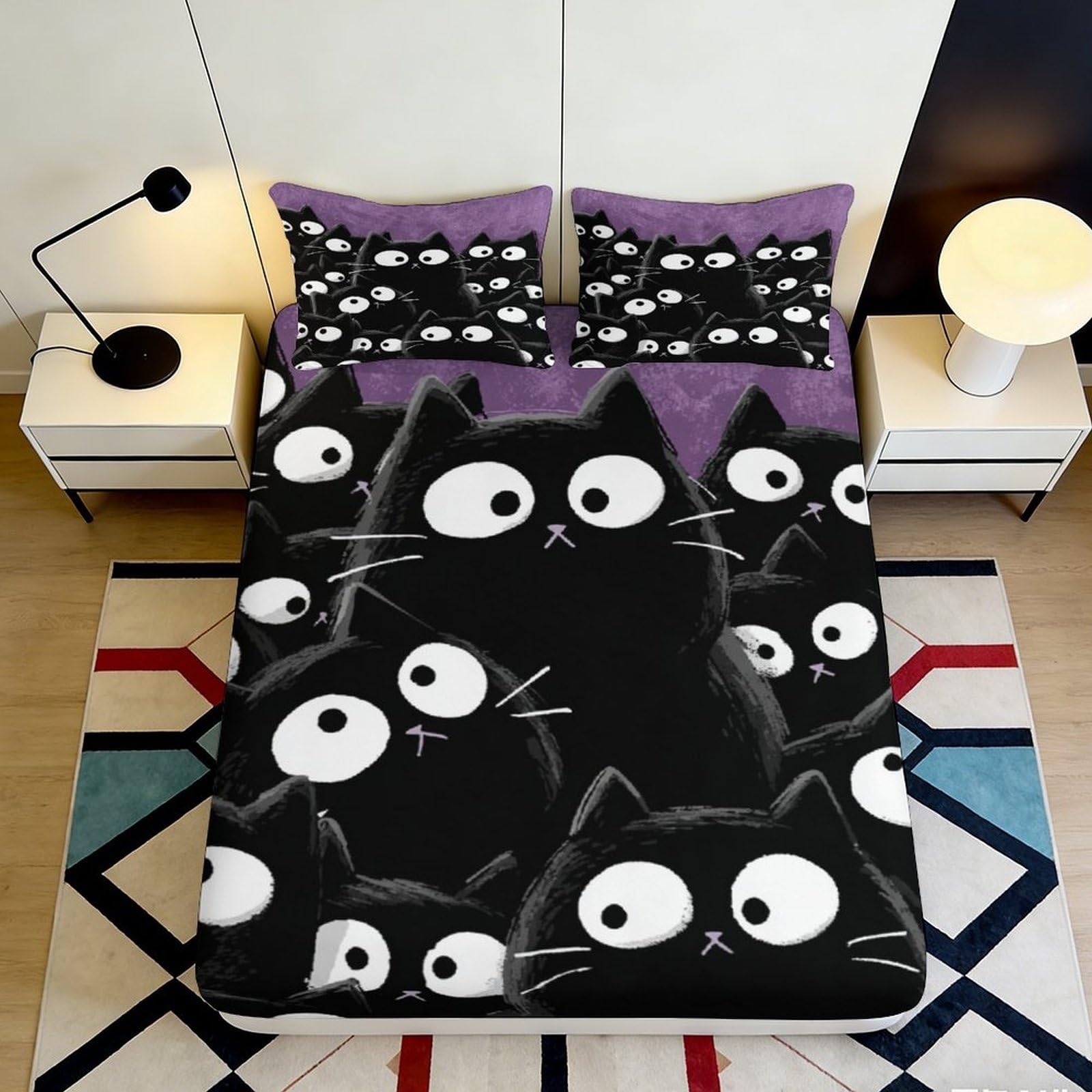3D Printed Black Cat Pattern Fitted Sheet Microfiber Soft Breathable Cartoon Cats Bed Cover for Bedroom Dormitory Guest Room Mattress Protection 180x200x25cm