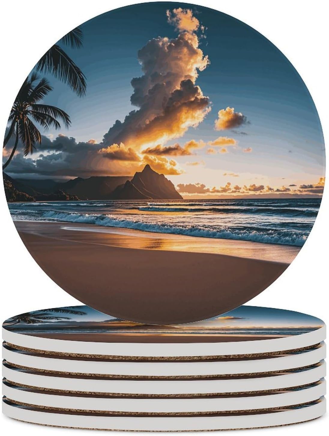 6PCS Beach Sunset Sea Clouds Coasters Non-Slip Round Drink Coasters with Ceramic Stone and Cork Base, Heat Resistant Absorbent 33.00Stone Coaster Set for Kinds of Mugs and Cups, 4 Inch