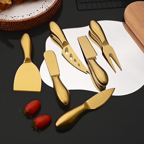 Miniatura 7 de JASHII Juego de 6 cuchillos de queso con caja de regalo, juego de cuchillos de queso de acero inoxidable, herramientas de queso de metal con