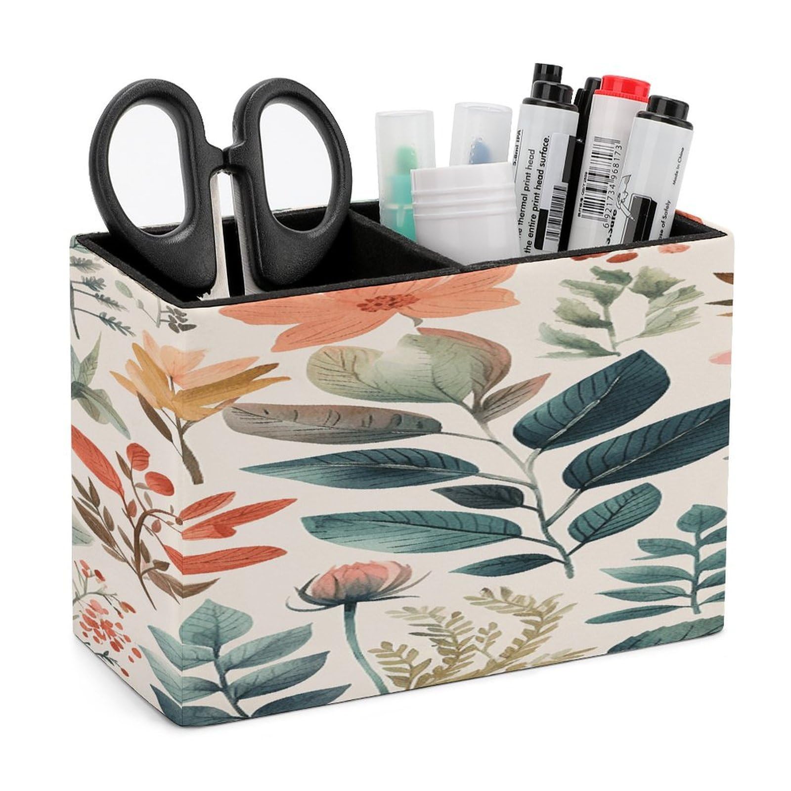 VstaDank Watercolor Flowers Pencil Holder for Desk Organizer 2 Compartments Pen Cup Leather Square Pen Holder Pencil Cup Stand Makeup Brush Holders for Desktop Organizer Storage Case