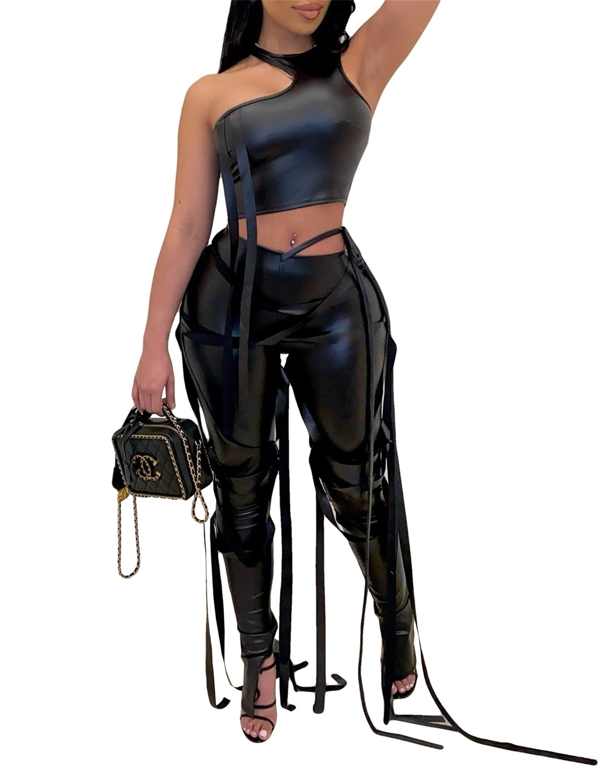 Lyaheima Women's Sexy 2 Piece Outfits Irregular Tank Top Lace Up Bodycon Long Pant Two Piece Sets Clubwear