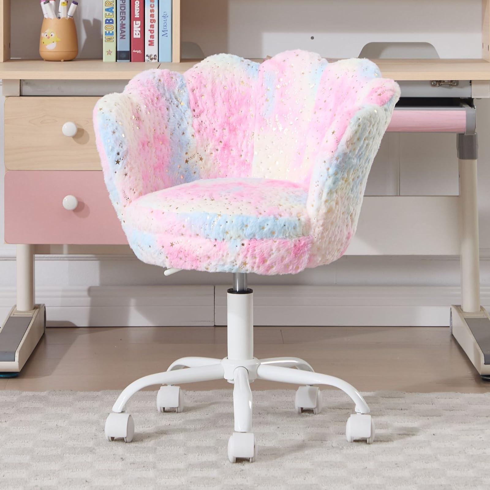 chairus Children's Swivel Desk Chair Height-Adjustable Faux Fur Upholstered Study Chair for Study Room/Bedroom, Colorful Pink