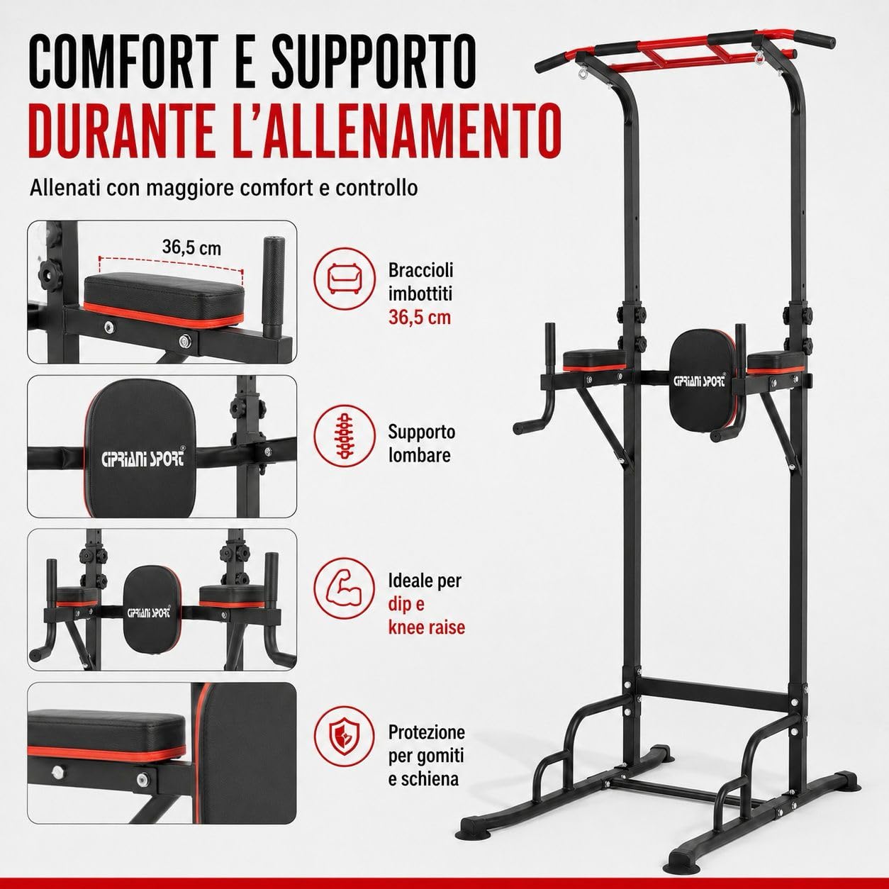 Power Tower Multifunzione Sbarra Trazioni Autoportante Regolabile 165-240 cm, Acciaio, Nero e Rosso, 120x80 cm