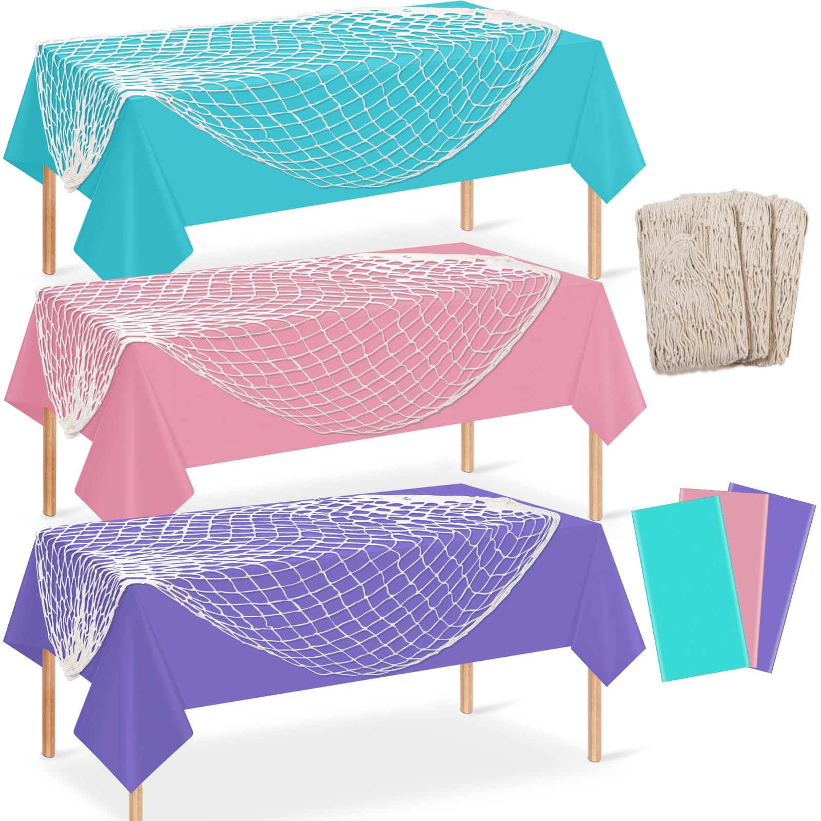 YIDAKO 3 Set 6 Pcs Fish Net and Tablecloth Set,Cotton Fishnet and 3 Color Disposable Plastic Table Cover for Mermaid,Baby Shower,Birthday,Ocean Pirate Under The Sea Party Decorations,54 X 108Inch : Home