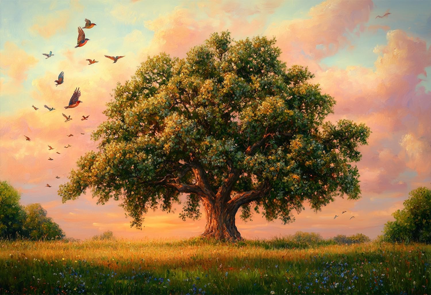 1000 Piece Nature Tree Puzzle – Majestic Oak Tree with Birds at Sunset, Serene Landscape Art for Adults