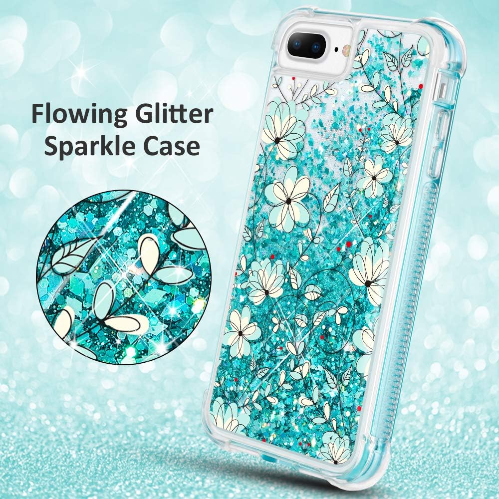 Caka iPhone 6 Plus 6s Plus 7 Plus 8 Plus Glitter Clear Liquid Floral Full Body Case Built in Screen Protector Flower Bling Sparkle Girly Case for iPhone 6 Plus 6s Plus 7 Plus 8 Plus (Light Blue)