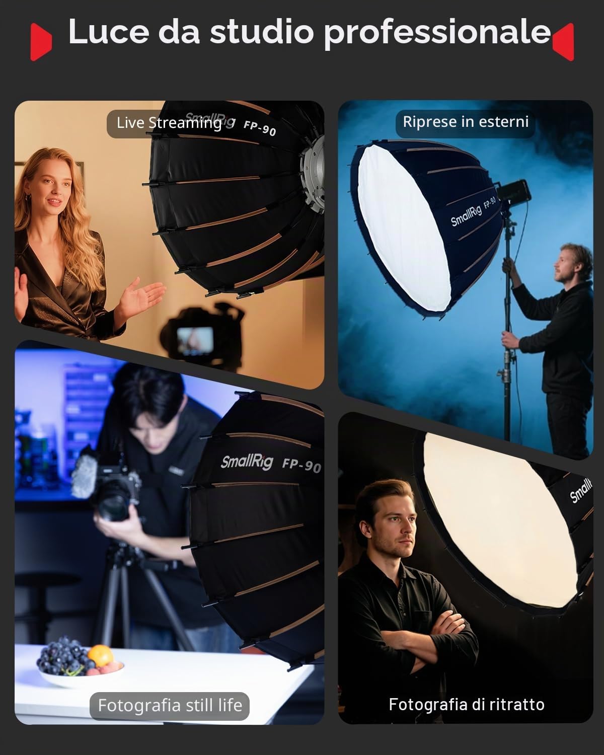 SmallRig FP-90 - Softbox parabolico 35,4" con supporto Bowens per fotografia da studio, softbox a cambio rapido con griglia a nido d'ape, diffusori, per SMALLRIG RC 220 Pro, per Neewer per Godox per