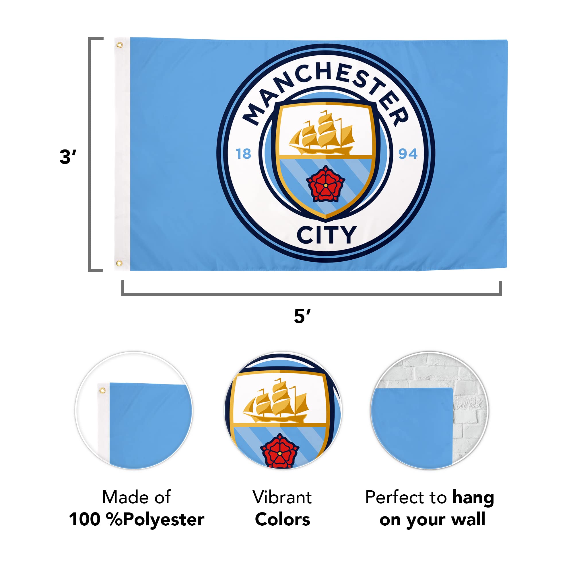 Drapeau Géant Manchester City 1,5 X 0,9 M – 100% Polyester, œillets Laiton, Licence Officielle