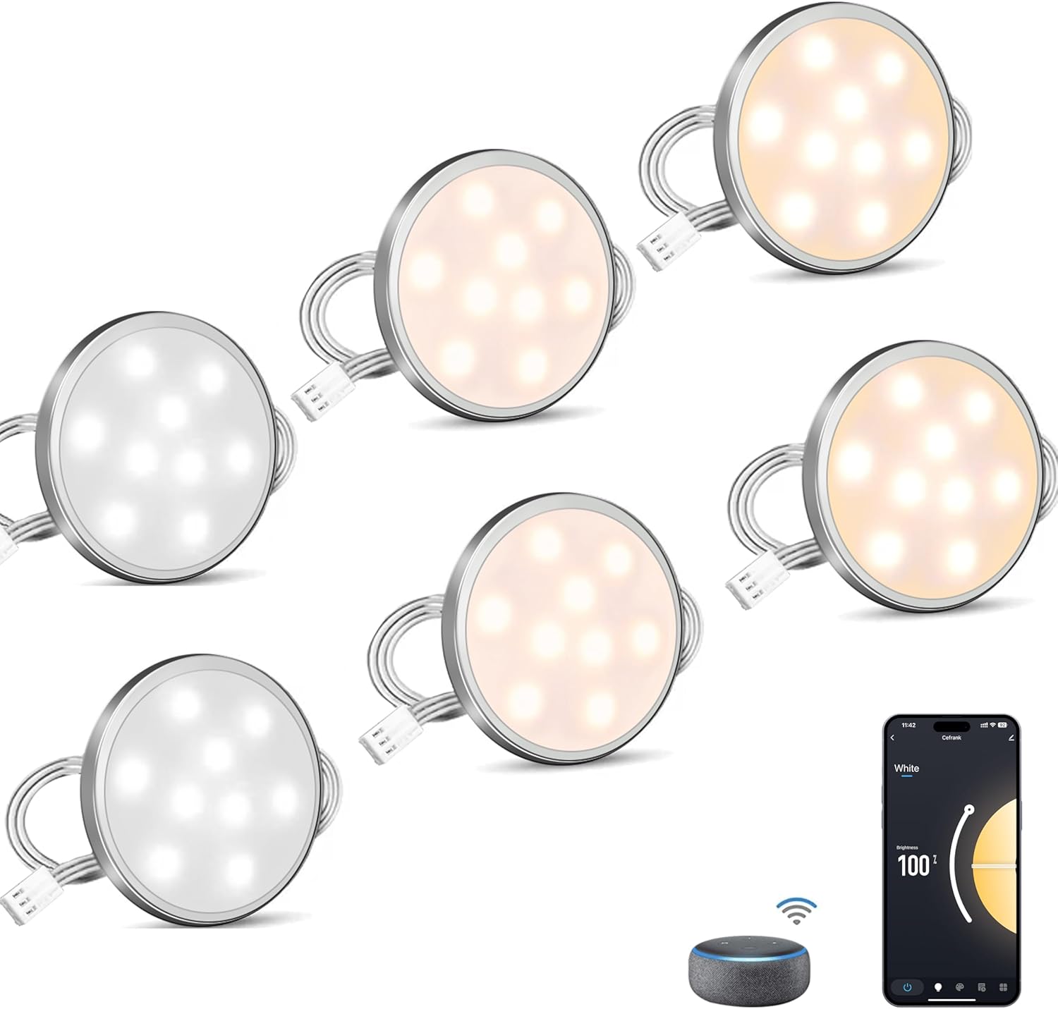 Cefrank Luces de disco inteligentes WiFi (paquete de 6) – Kit de iluminación para debajo del gabinete controlado por Alexa y aplicación, regulable,