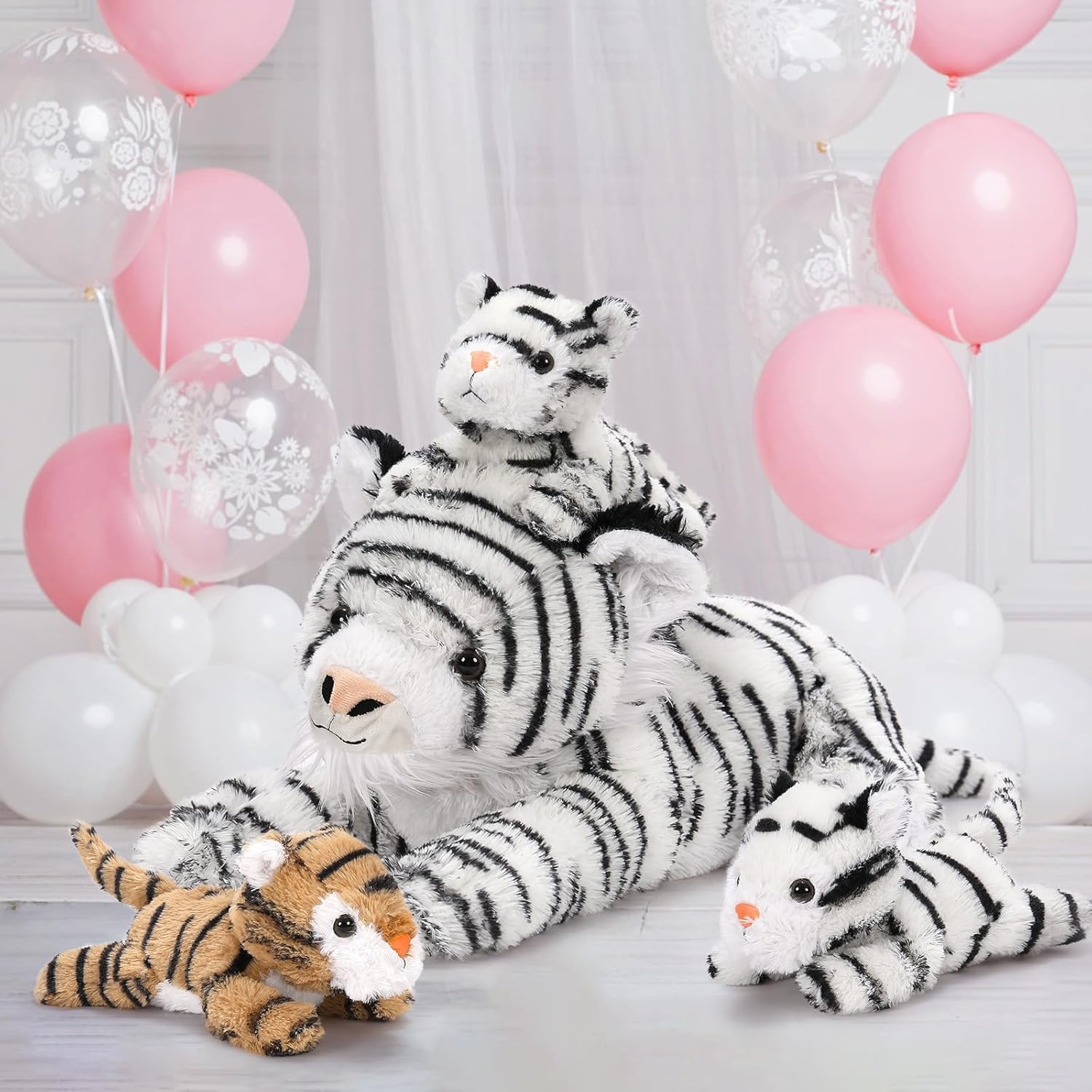 MaoGoLan White Tiger Stuffed Animal with 3 Babies, 17.7 Inch Mommy Tiger Plush Set, Soft Stuffed Tiger Family Toys for Cuddling & Decor, Christmas Birthday Gifts for Kids Boys Girls