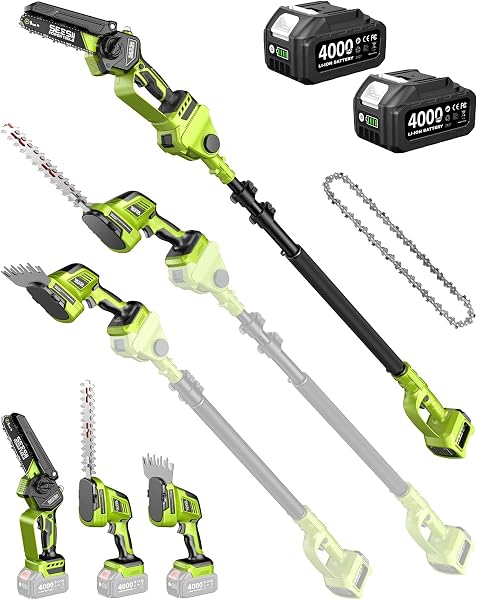 Kit de jardin 6-en-1 sans fil, mini-tronçonneuse et taille-haie sur perche télescopique 1,5 à 2,74 m, 2 batteries 4000 mAh