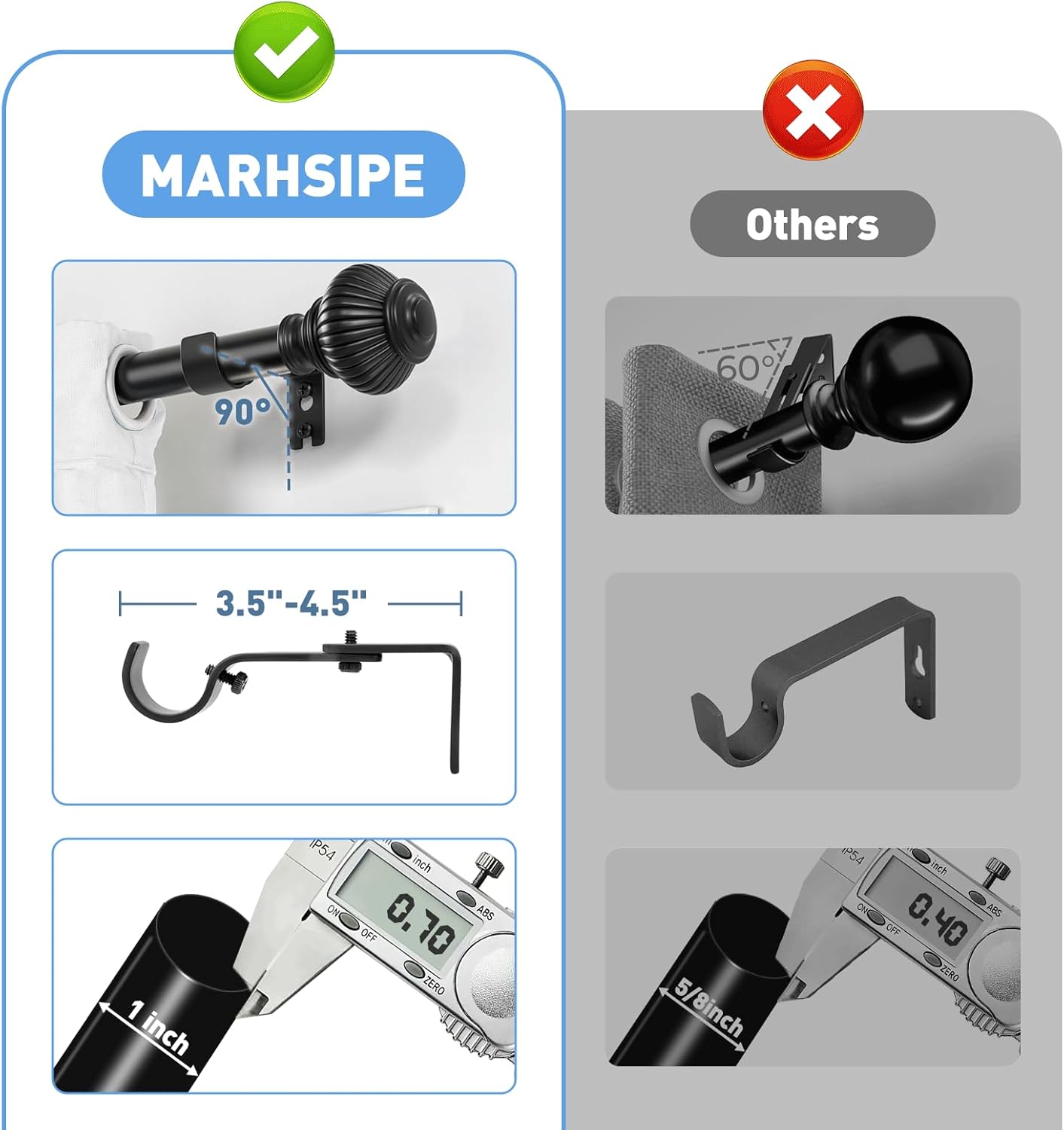 ブラックカーテンロッド、Windows 48~84インチ、1インチ装飾高耐久調節可能カーテンロッド、ランタンボールフィニアル付き、イ