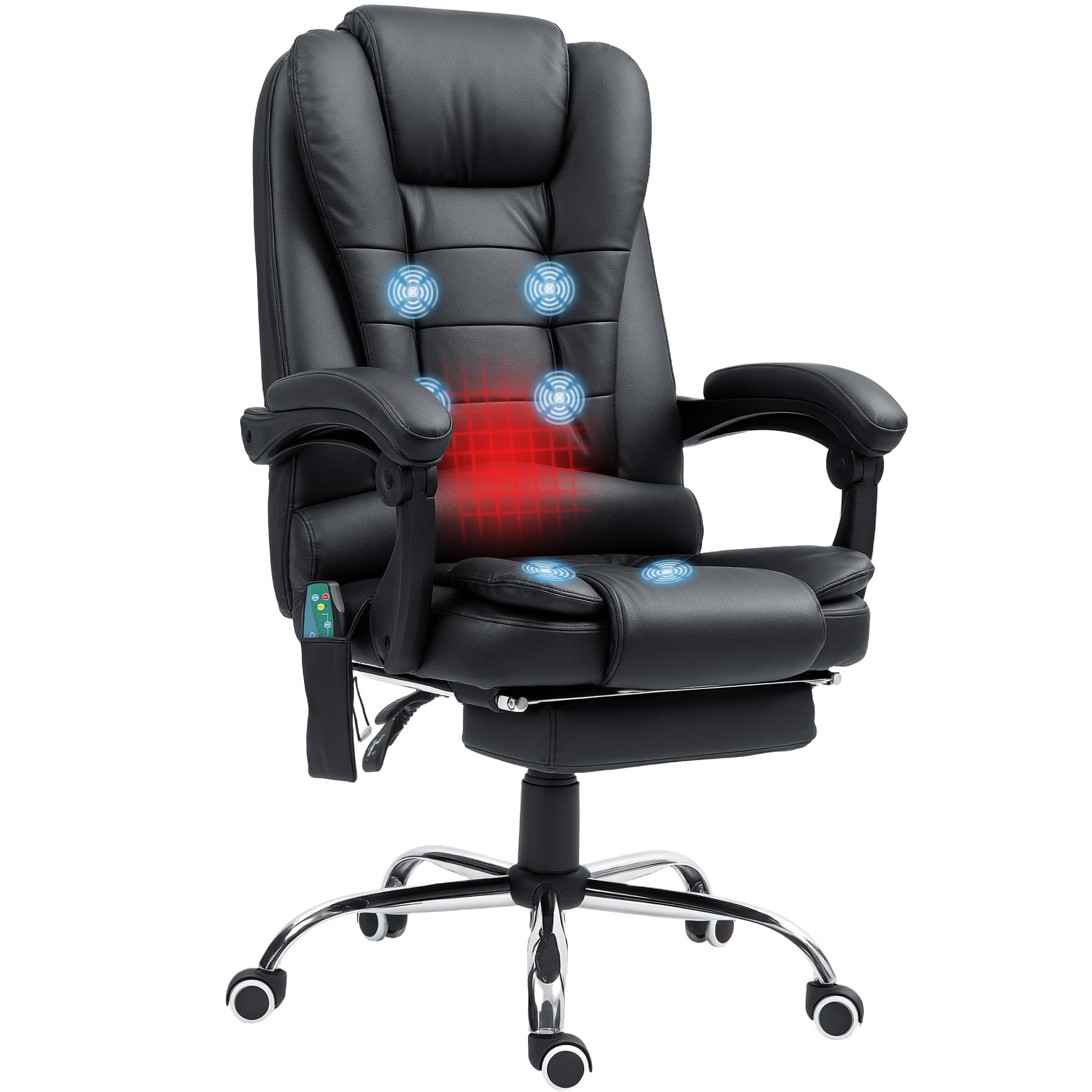 Vinsetto Office Chair with 6 Point Massage and Back Heat, PU Desk Chair with Footrest Adjustable Height and Swivel Wheels, Back Reclining, Black