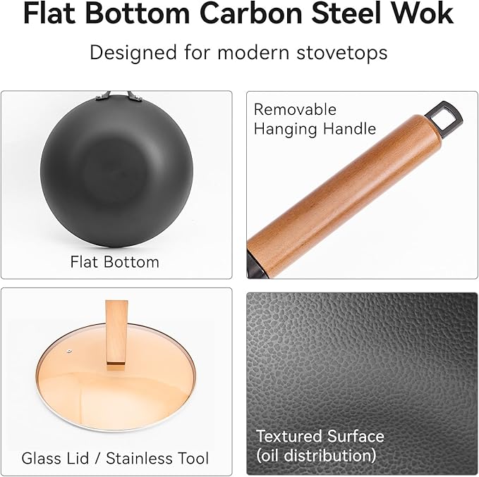 Wok de acero al carbono 12.6" con tapa, fondo plano, para inducción y gas miniatura 9