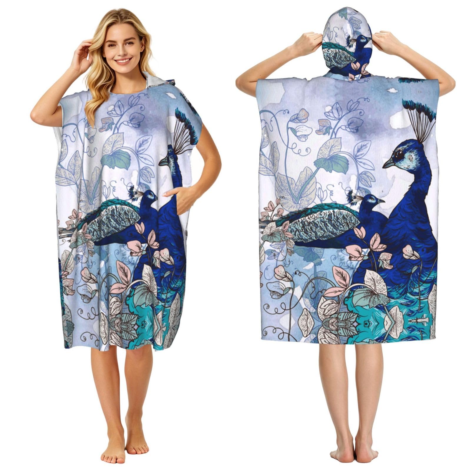 ESNAIUVCD Peacock Floral Print Changing Robe, Hooded Towel Poncho For Swimming Pool, Beach,Quick Dry & Light Weight Towelling Poncho For Adults Women Men