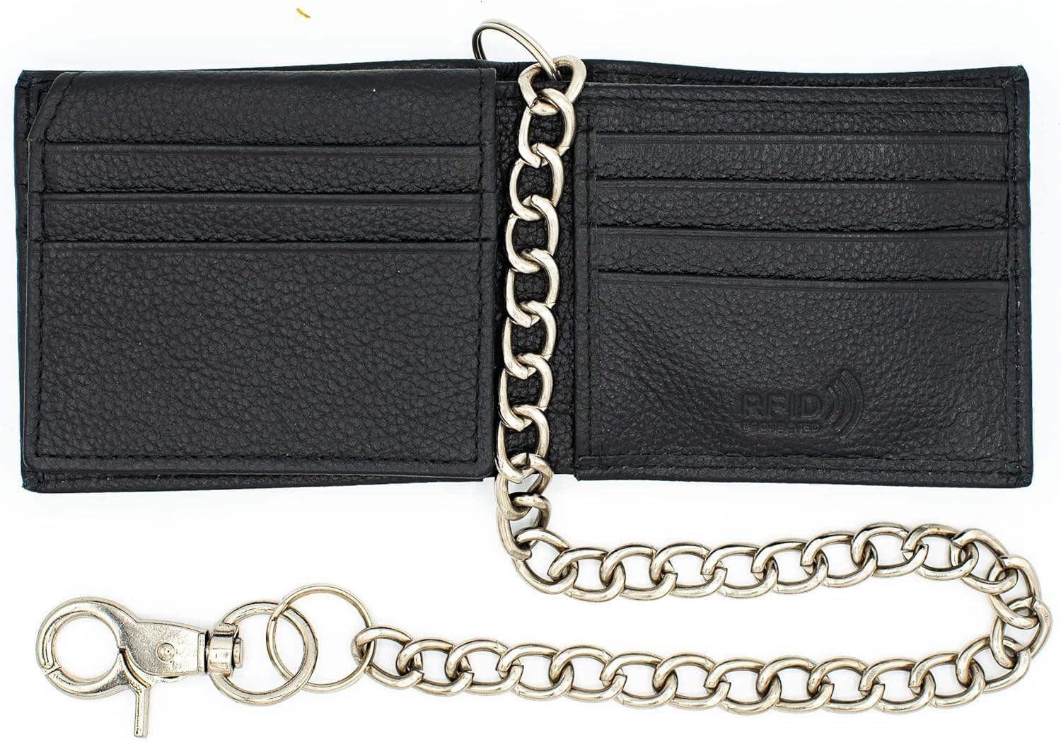 Genuine Leather RFID Blocking Bifold Wallet for Men, Stylish Bifold, Stainless Chain, Flip-up Window ID (J521BF-WC, Black)