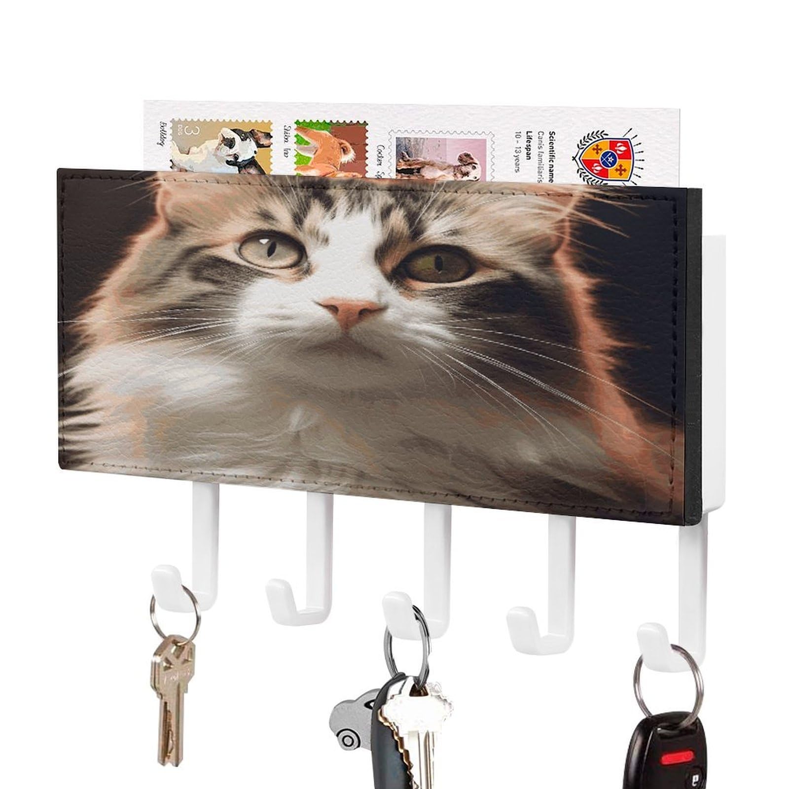 FekiLoot Cat Key Holder Wall Mount Key Hooks for Wall Decorative with 5 Hooks PU Mail Rack Organizer with Shelf for Entryway Mudroom Hallway Office 7.1X4.3 in