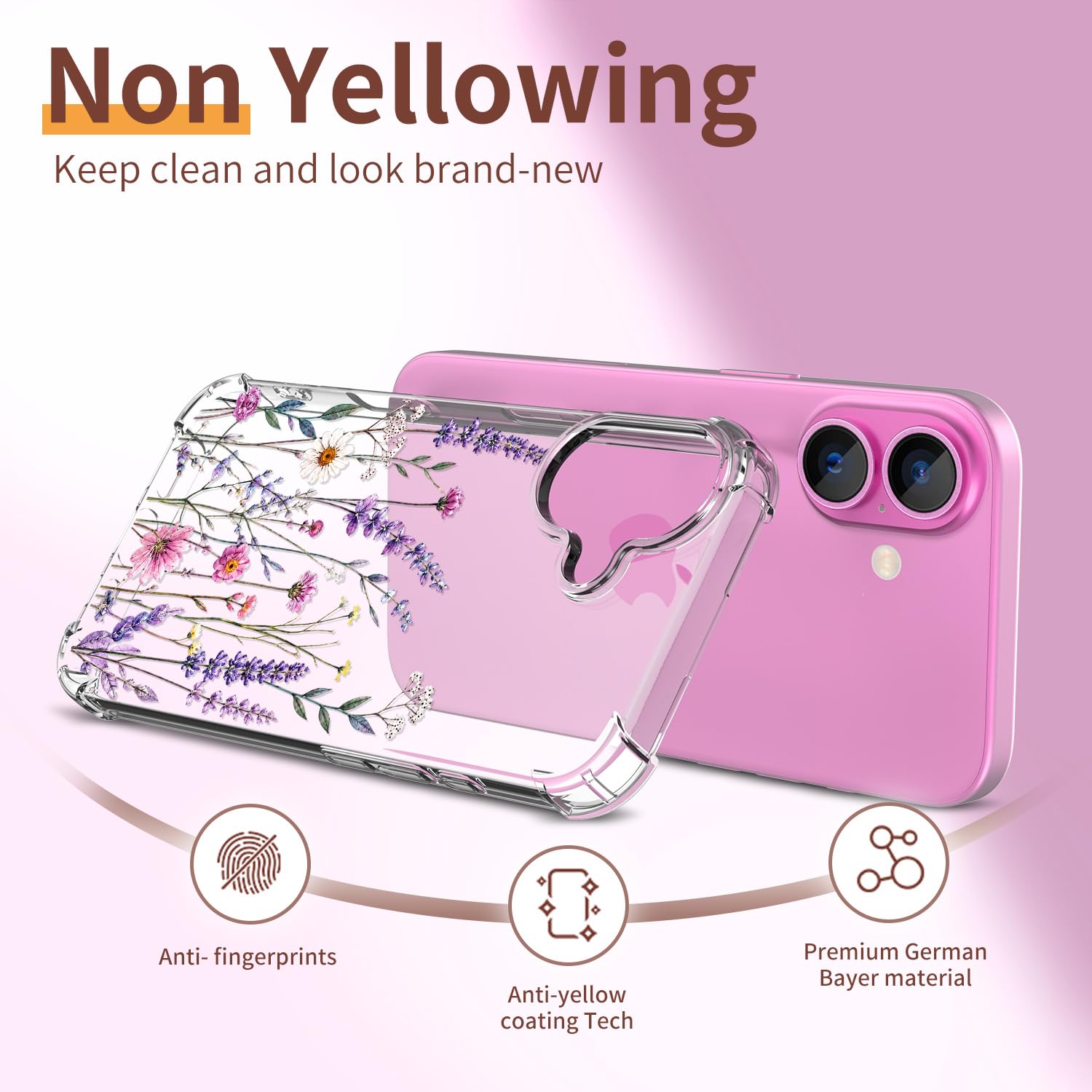 Custodia per iPhone 16, 3 in 1 per schermo e lenti protettive, cover | Morbido materiale TPU, design floreale, antiurto, progettato per donne e ragazze, giardino di lavanda