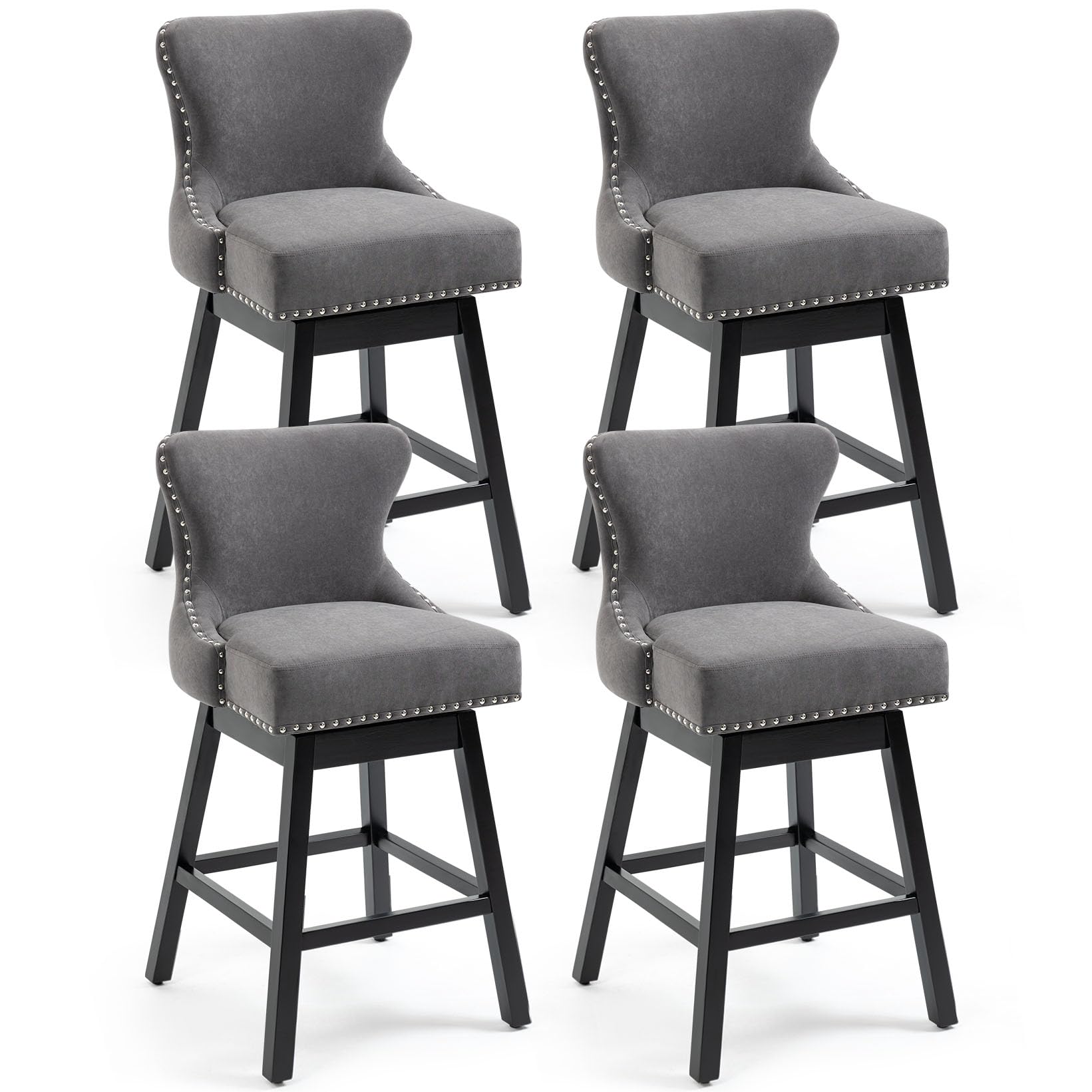 ECOTOUGE Swivel Bar Stools Set of 4, 29" Seat Height Kitchen Stools with Tufted Back & Wood Legs, Velvet Upholstered Counter Stools with Pull Ring for
