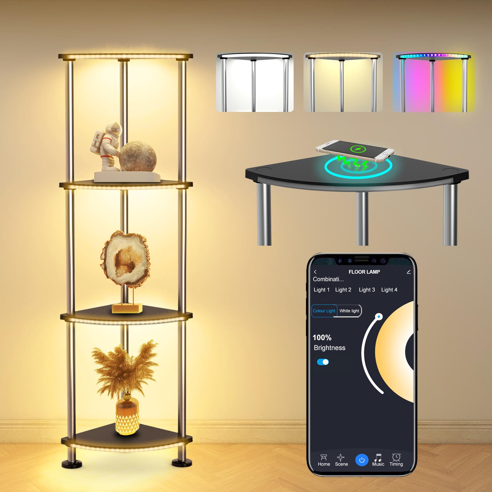 RGB Floor Lamp with Shelves Tall Lamp with Wireless Charger & USB Port Ambiance Lighting with Music Sync Dimmable and Timing Standing Lamp for Bedroom 4 Tier Black
