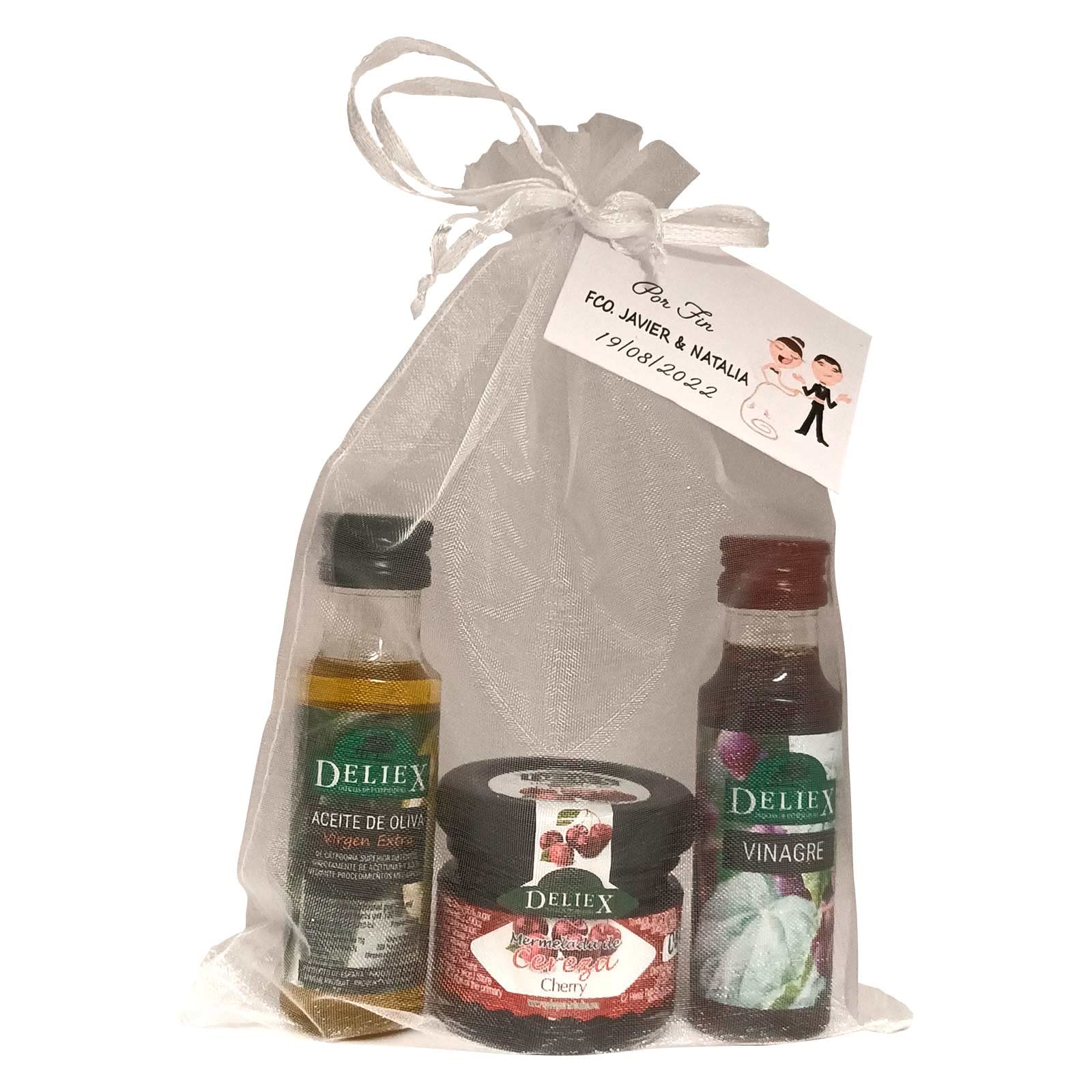 Regalo con miniaturas de Aceite de Oliva, vinagre de Jerez D.O. y tarro mermelada de cerezas, en bolsa de organza (Pack 24 ud)