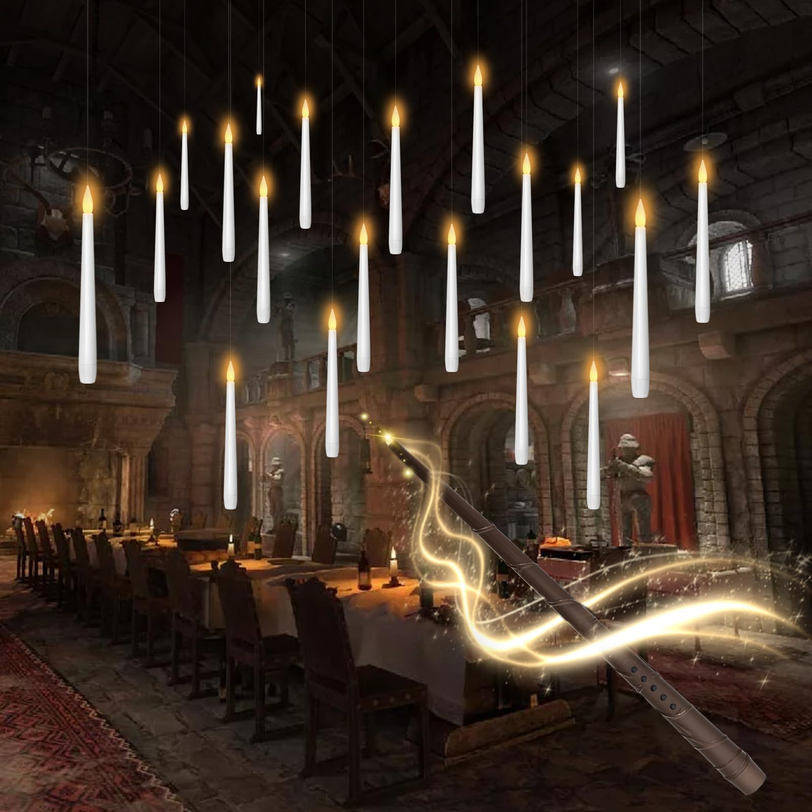 kakoya Flameless Floating Candles with Wand๏ผ20 Pcs Magic LED Hanging Taper Candles๏ผFlickering Battery Operated Taper Candle with Wand Remote for Halloween Decorations Best Gift๏ผWhite๏ผ