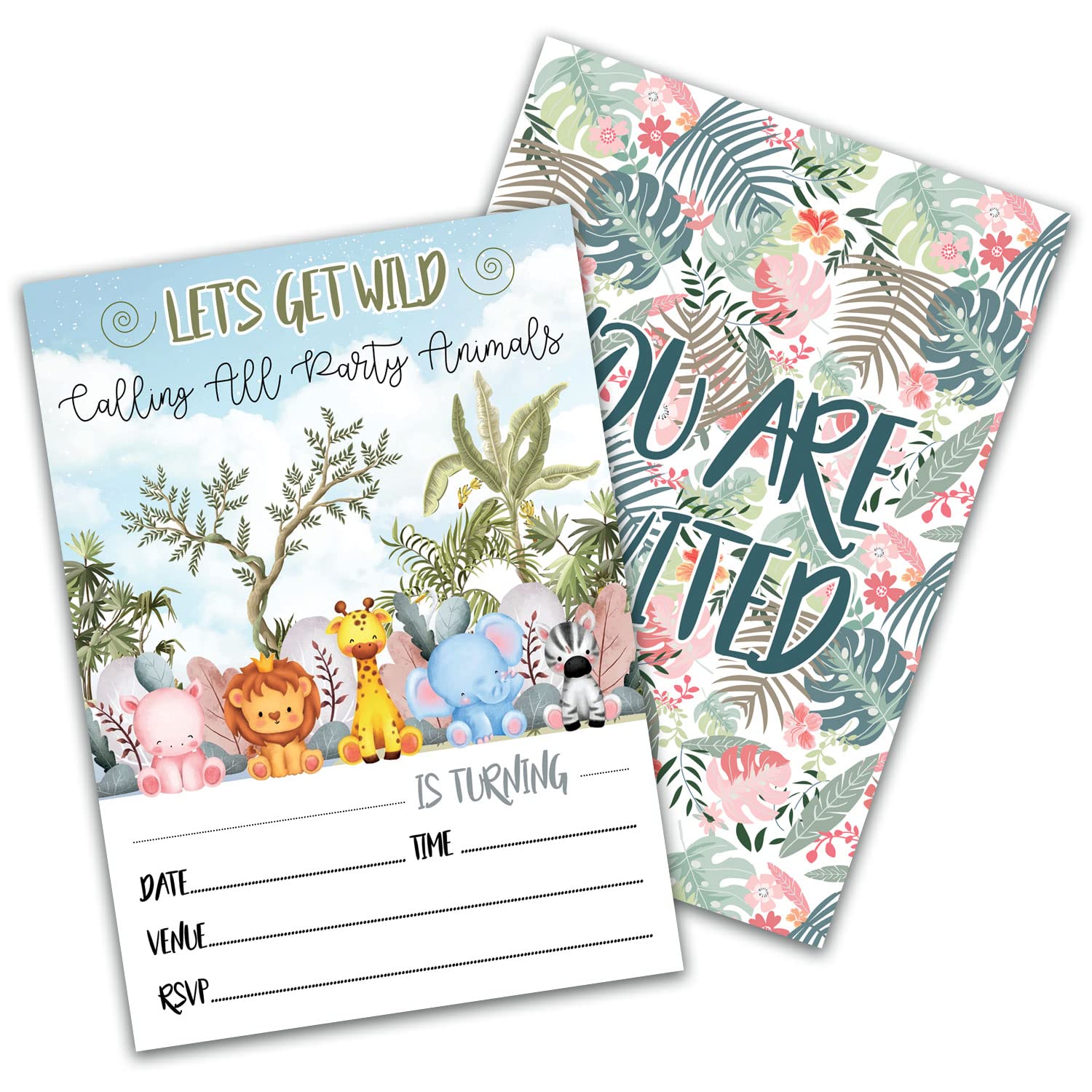 Creatie® Wild Safari Party Theme Children’s Birthday Invitation Cards with White Envelopes, 5 Pcs, 5Inx7In, Vibrant Graphics, Birthday Party Invites for Kids