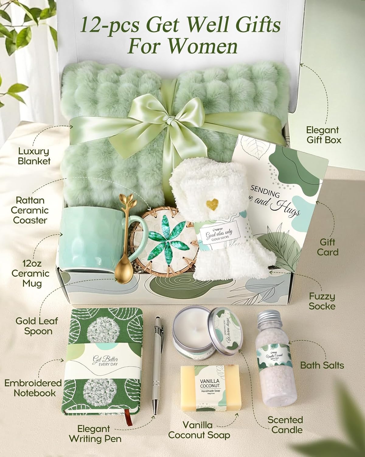 Coralogo Get Well Soon Gift Baskets for Women - Hug In a Box with Blanket, Thoughtful Self Care Gifts for Get Well Sympathy Relaxation Birthday Thinking of You, Spa Baskets For Women