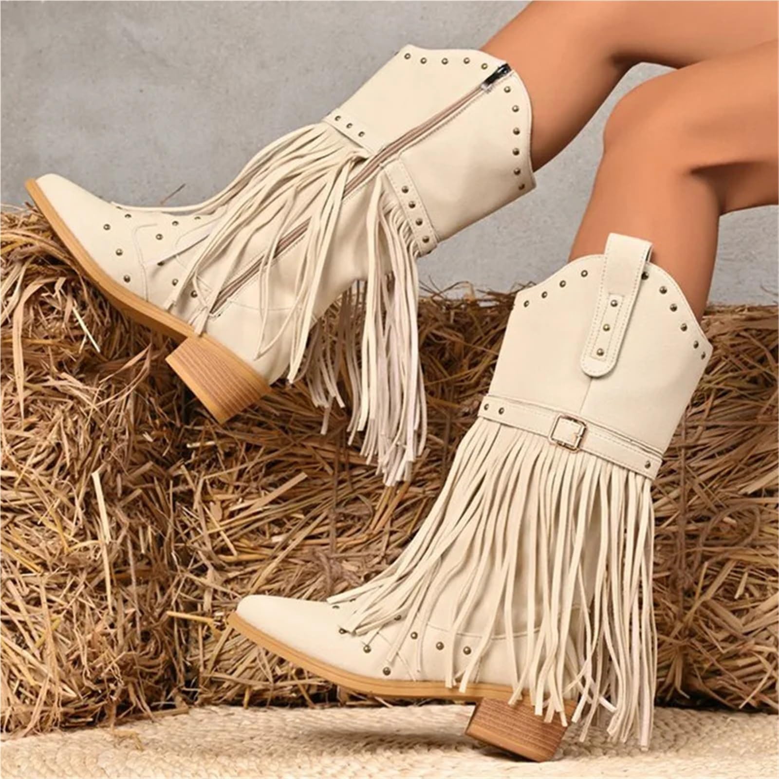 Stivali Texani Donna Stivali con nappe stile street Donna Beige Taglie forti 36-43 a metà polpaccio for donna Punta a punta cerniera Botas femminile