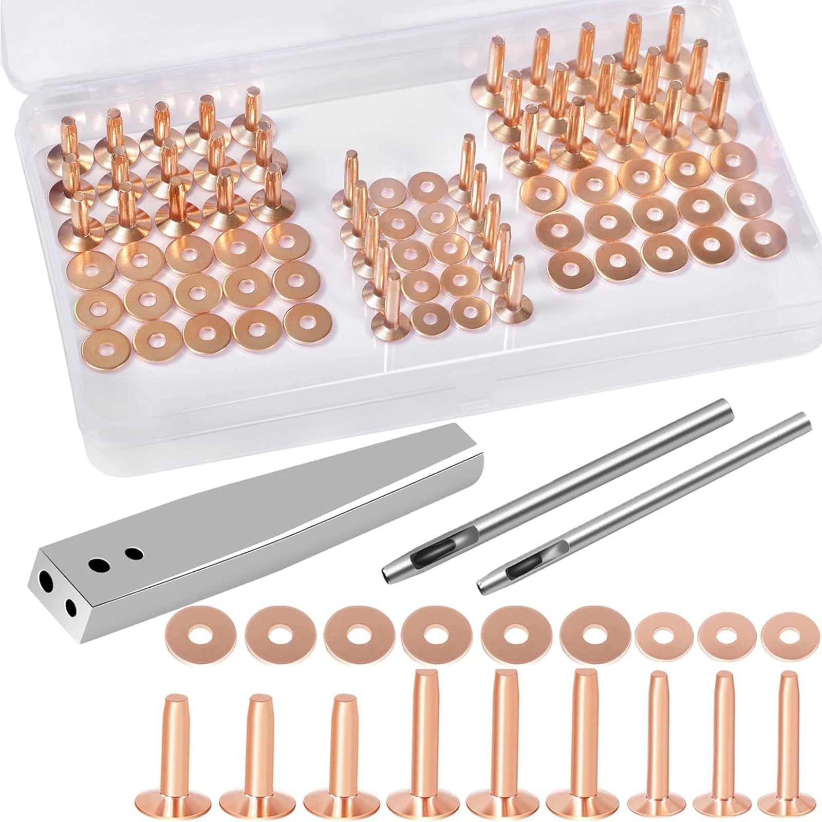 84Pcs, Copper Rivets and Burrs, 9 and #12 Burrs Setter, Leather Rivets Fastener Install Setting Tool with 4mm Leather Hole Punch Cutter for Belts Wallets Collars Leather Working Supplies