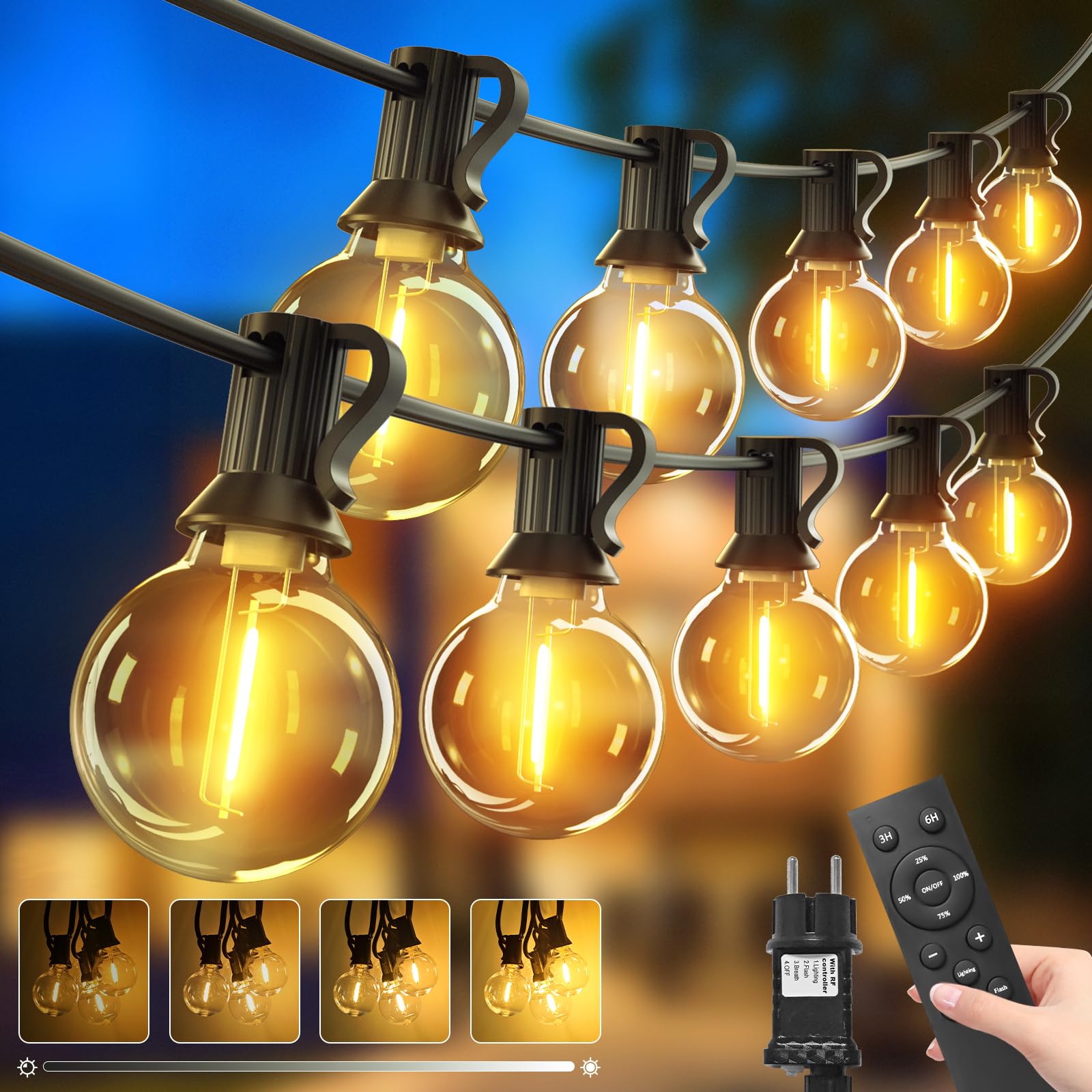 btfarm Lichterkette Außen Dimmbar, LED Outdoor Lichterkette Strom mit Timer, Wetterfest IP44 Wasserdicht Lichterkette Glühbirnen für Garten Terrasse Hochzeiten Party, Warmweiß