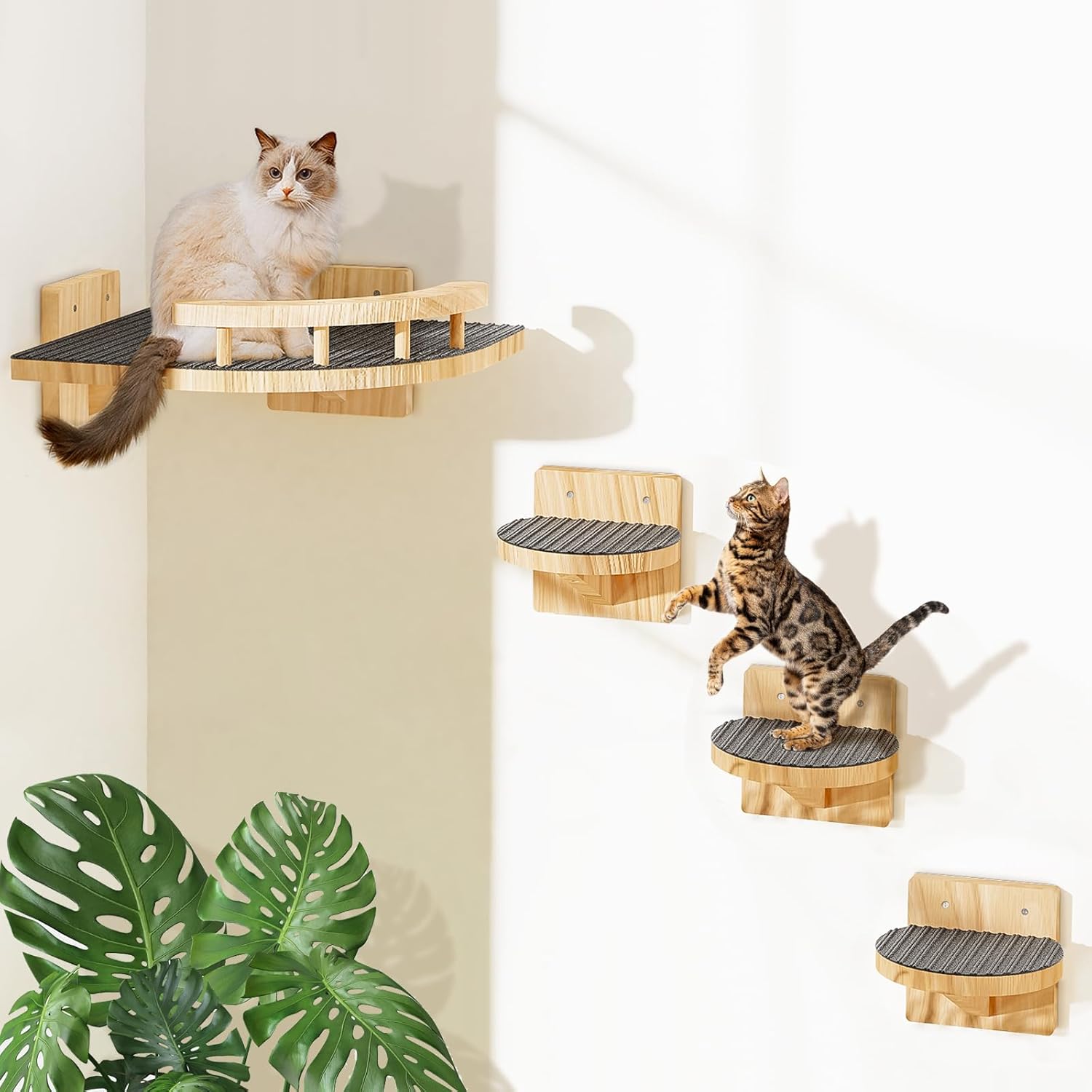 Cat Wall Shelves with 3 Steps, Wooden Cat Wall Furniture up to 15lbs, Floating Stairs for Small/Medium Cats, Kitty Wide Climber Shelf with Cozy Perch for Indoor, Sleeping, Jumping, Playing