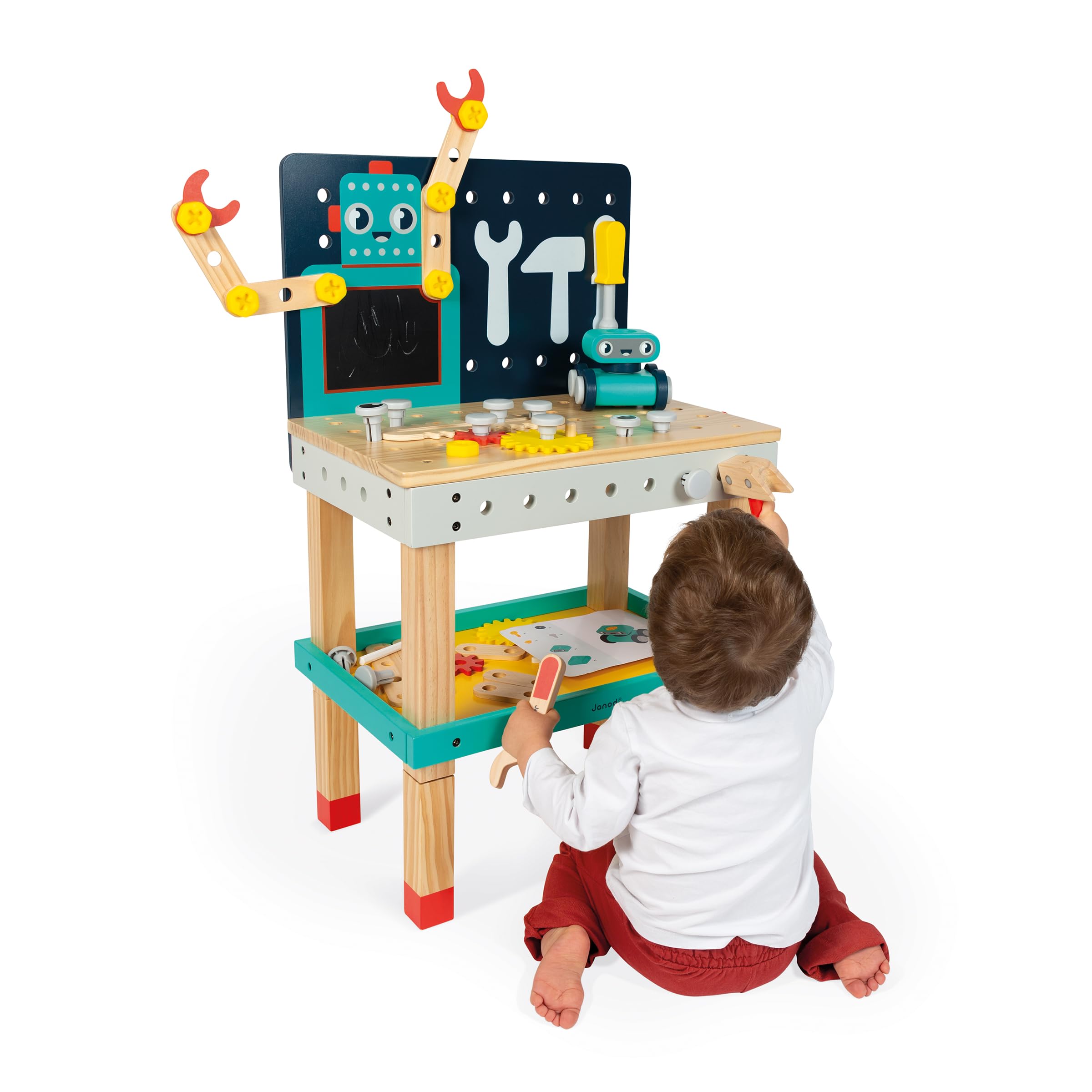 Janod - Mon Premier Jeu de Construction - Grand Établi Robot - Jeu de Bricolage Enfant - 50 Pièces - Hauteur Ajustable - Imitation - 3 Ans + - J06457