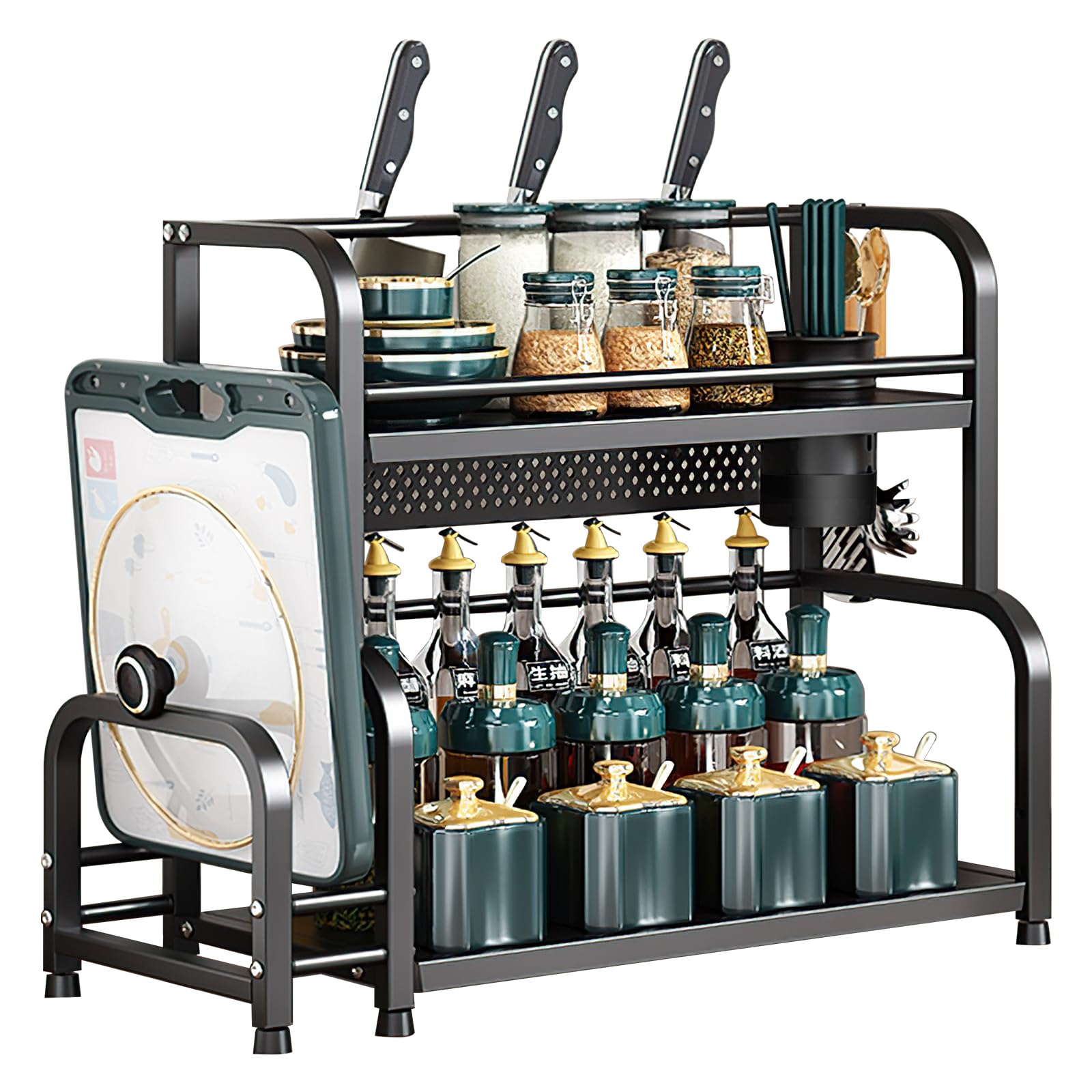 INFOSUN Spice Rack, Kitchen Shelf Organizer Countertop, 2 Tier Kitchen Spice Rack with 4 Hooks for Storage Spice, Kitchen Spice Organizerwith Guardrail, Spice Holder for Cabinet Bathroom (Black)