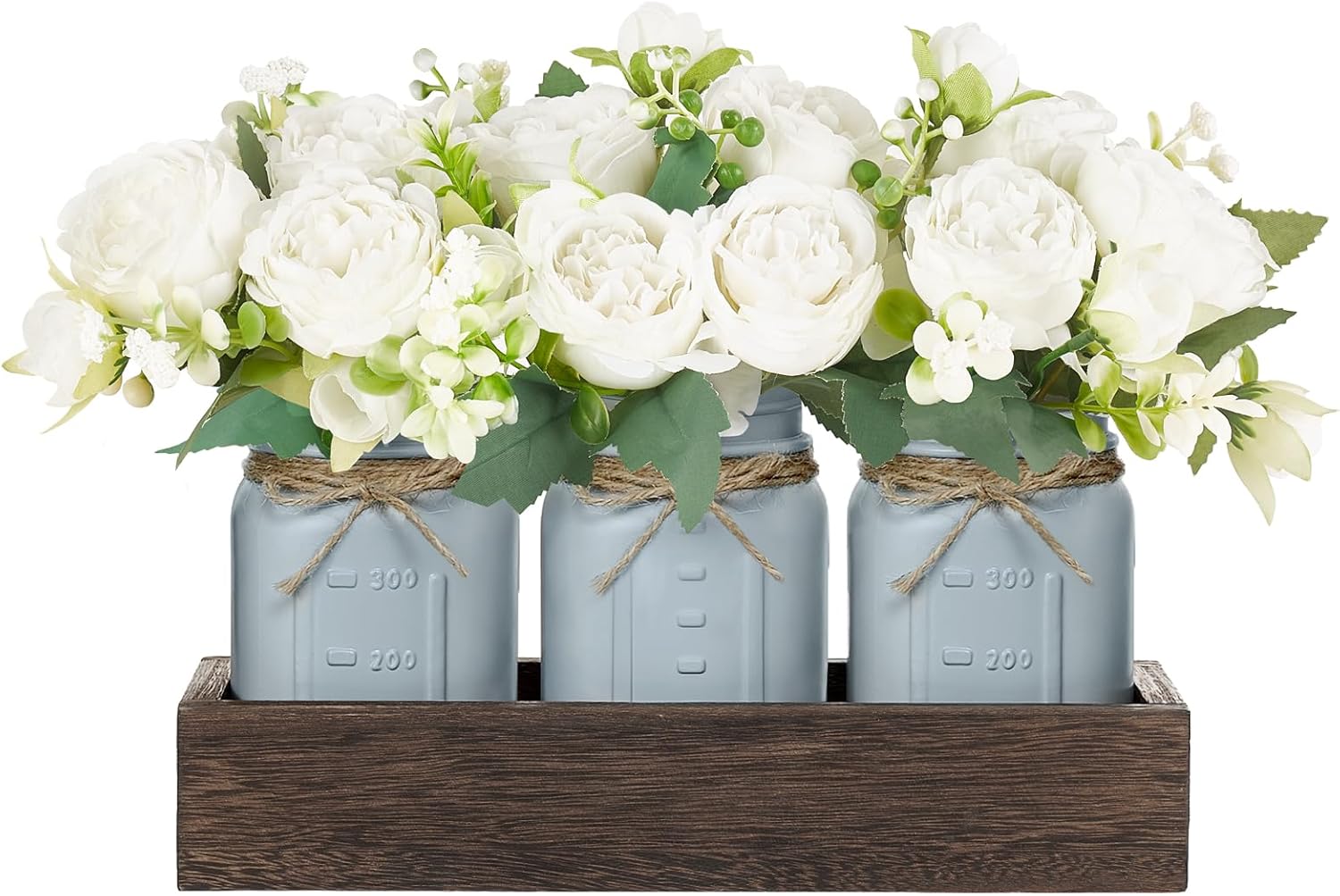 Mkono Mason Jar Table Centerpiece Decorative Wood Tray with 3 Painted Jars Artificial Flowers Rustic Country Farmhouse Decoration for Coffee Table Dining Room Living Room Kitchen (Peony)
