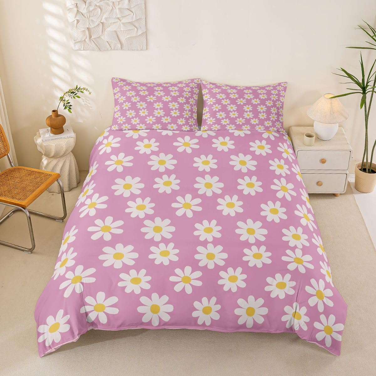 Housse de couette 200x200cm rose daisy en microfibre avec 2 taies d'oreiller