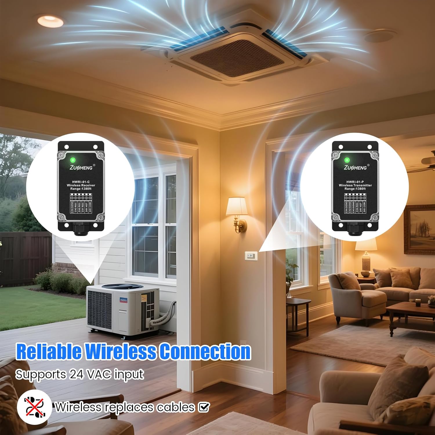 Wireless Relay for HVAC Systems, Zuomeng 24VAC IO Wireless Control with 1380ft LoRa Range, 3 Channel Control for AC Heat Pump Boiler, Easy DIY Installation No Wiring Required