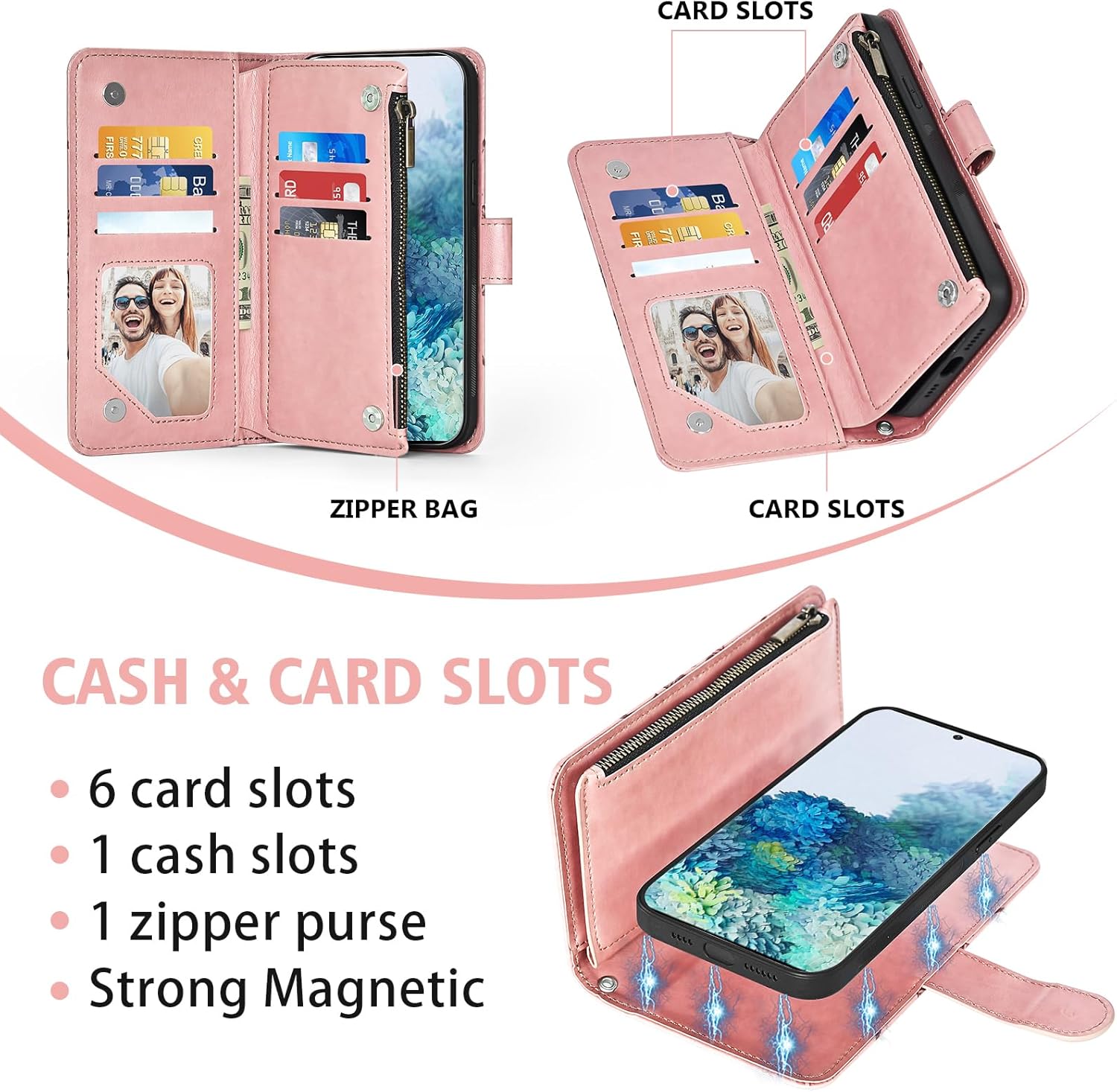 Asuwish Phone Case for Samsung Galaxy S20 Plus S20+ 5G Zipper Wallet Cell Cover with Tempered Glass Screen Protector Strap Flower Card Holder S20+5G S20plus 20S + S2O S 20 20+ G5 Women Girls Rose Gold
