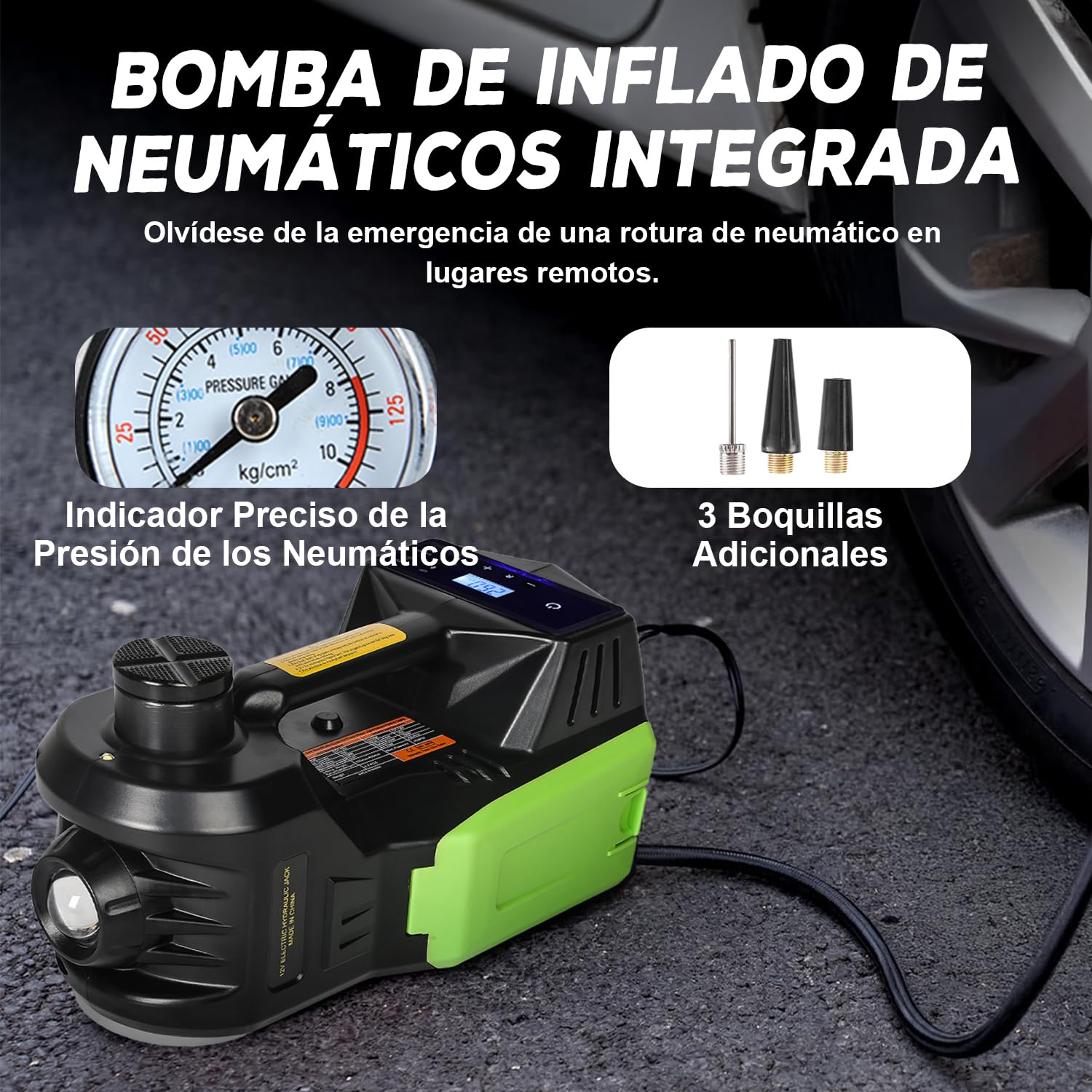 VOBOR Gato Eléctrico para Coche, 5T Gato Hidráulico 12V con Luz LED e Inflador, 155-450 mm Juego de Gatos Elevador para Automóvil, SUV, Sedán