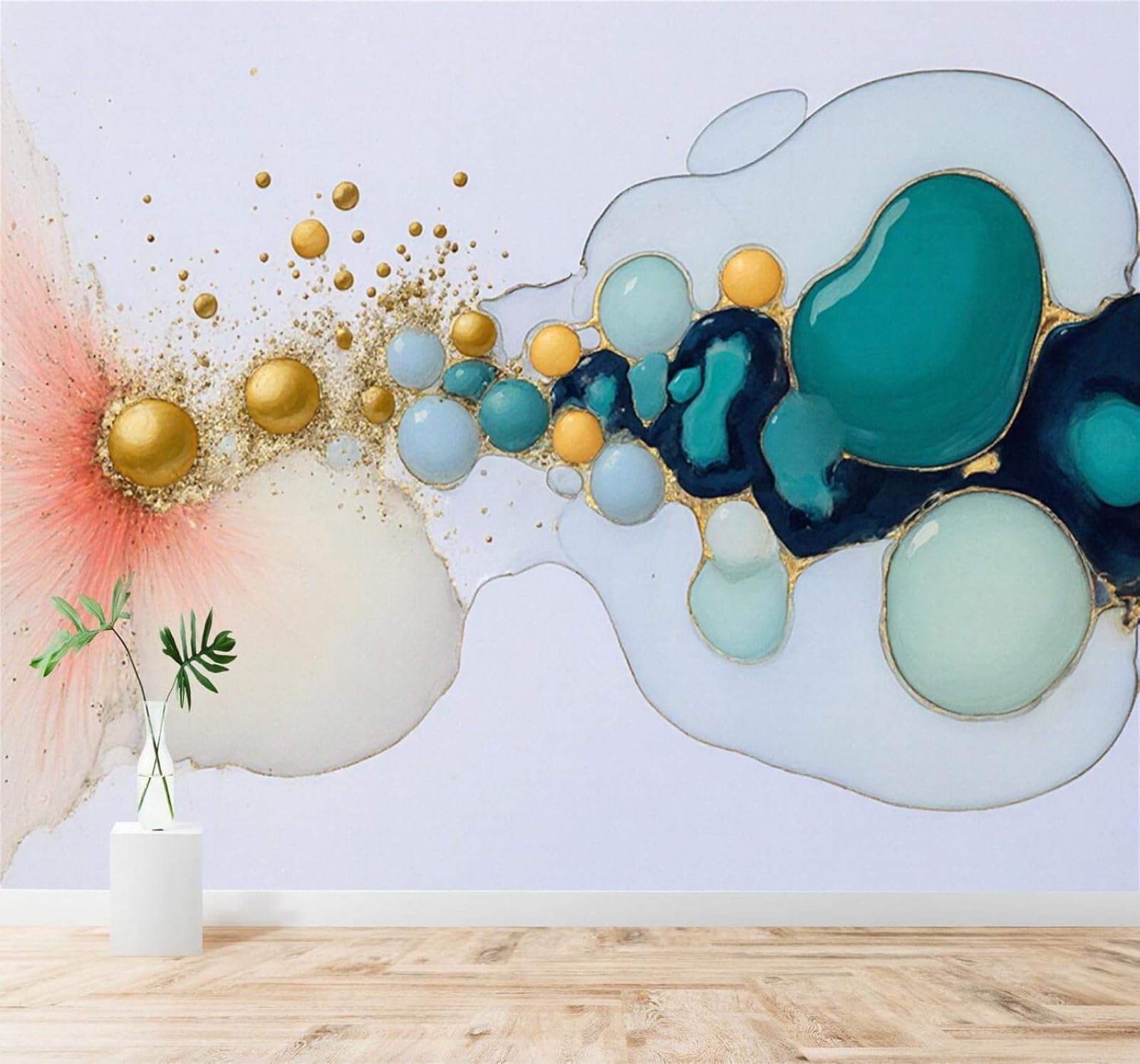 XLMING Abstract Fluid Art Gold and Blue Bubbles Ink Like Texture Soft Pink Accents 3D Wallpaper Silky Texture Home Study Office Grey Dining Room Sofa Bedroom Living Room TV Backdrop-200cm×140cm
