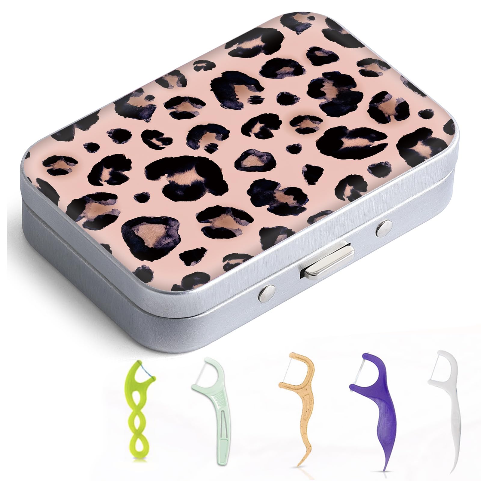 Funda portátil para hilo dental, fácil de almacenar púas de varios tamaños, dispensador de hilo dental portátil perfecto para viajes, hoteles, cenas, citas. Estampado de leopardo