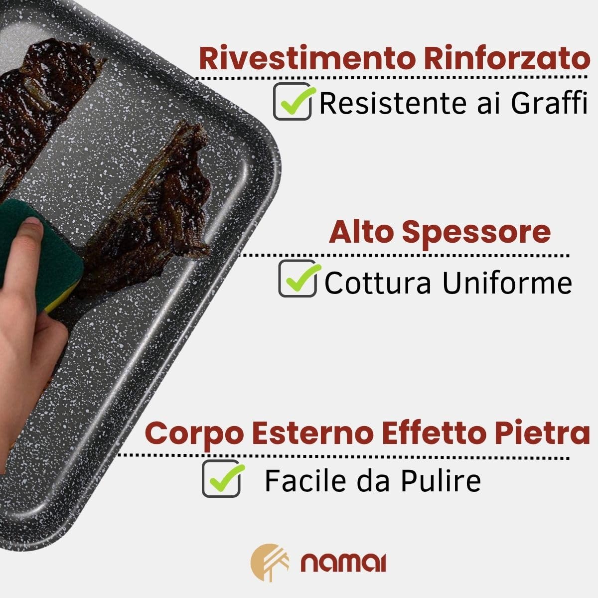 NAMAI - Teglia Pizza Rettangolare, 41CM x 29 CM, Alluminio Resistente e Duraturo, Antiaderente, Design Effetto Pietra, Made In Italy