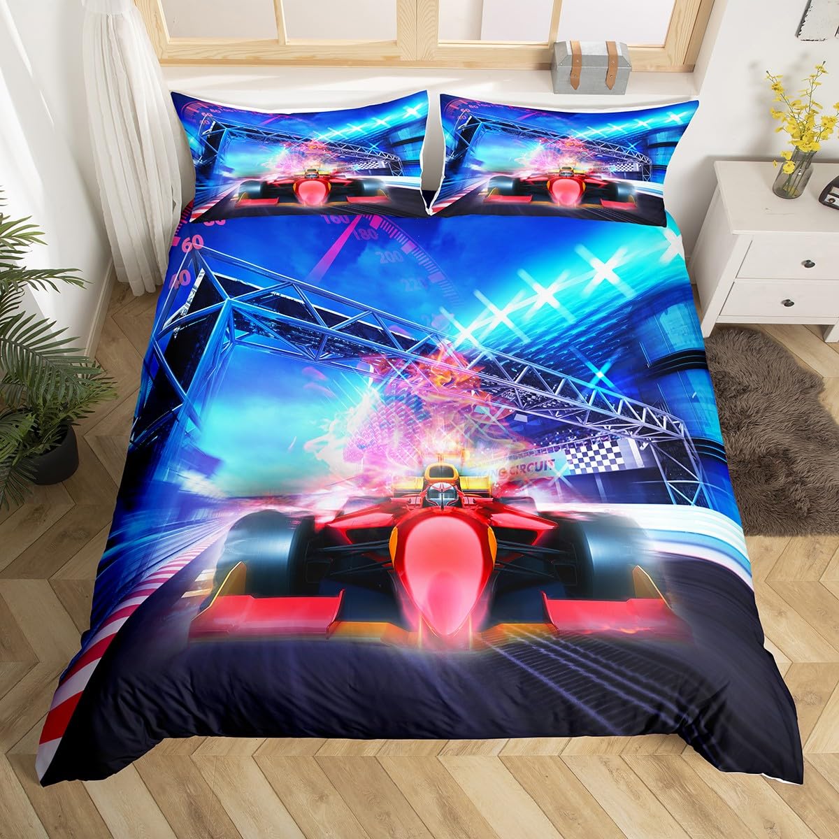 Homewish Racing Car Single Duvet Cover Set Kids Formula Car Bedding for Boys Teenagers, Extreme Speed Theme Comforter Cover Cool 3D Printed Microfibre Bedding & Linen, 1 Pillowcase โ image 1