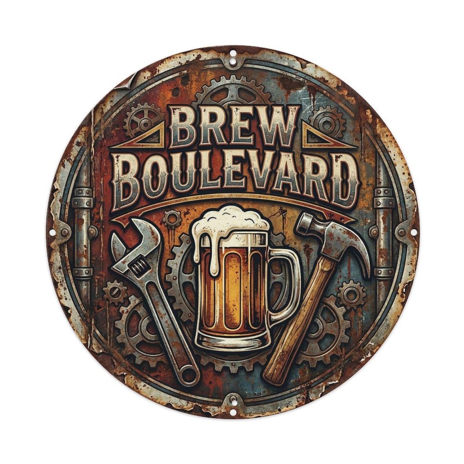 Vintage Beer Barware Brew Boulevard Retro Bar for Pub Vintage Metal Tin Sign Plaque Wall Decor for Cafe, Club Bar, Office, Garden Metal Poster 8x8Inch