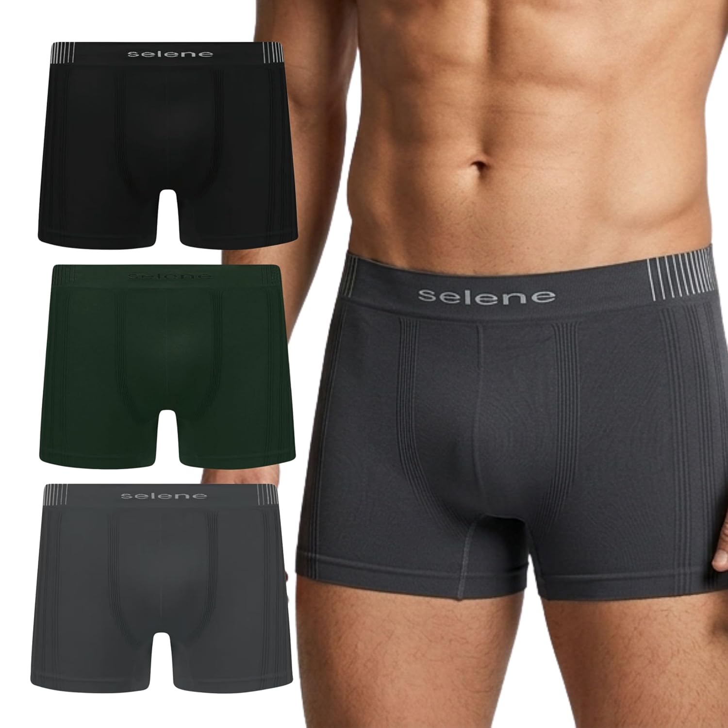 Kit 03 Cueca Boxer Sem Costura Selene Microfibra de Poliamida Premium Cós 40MM Box Masculina Adulto